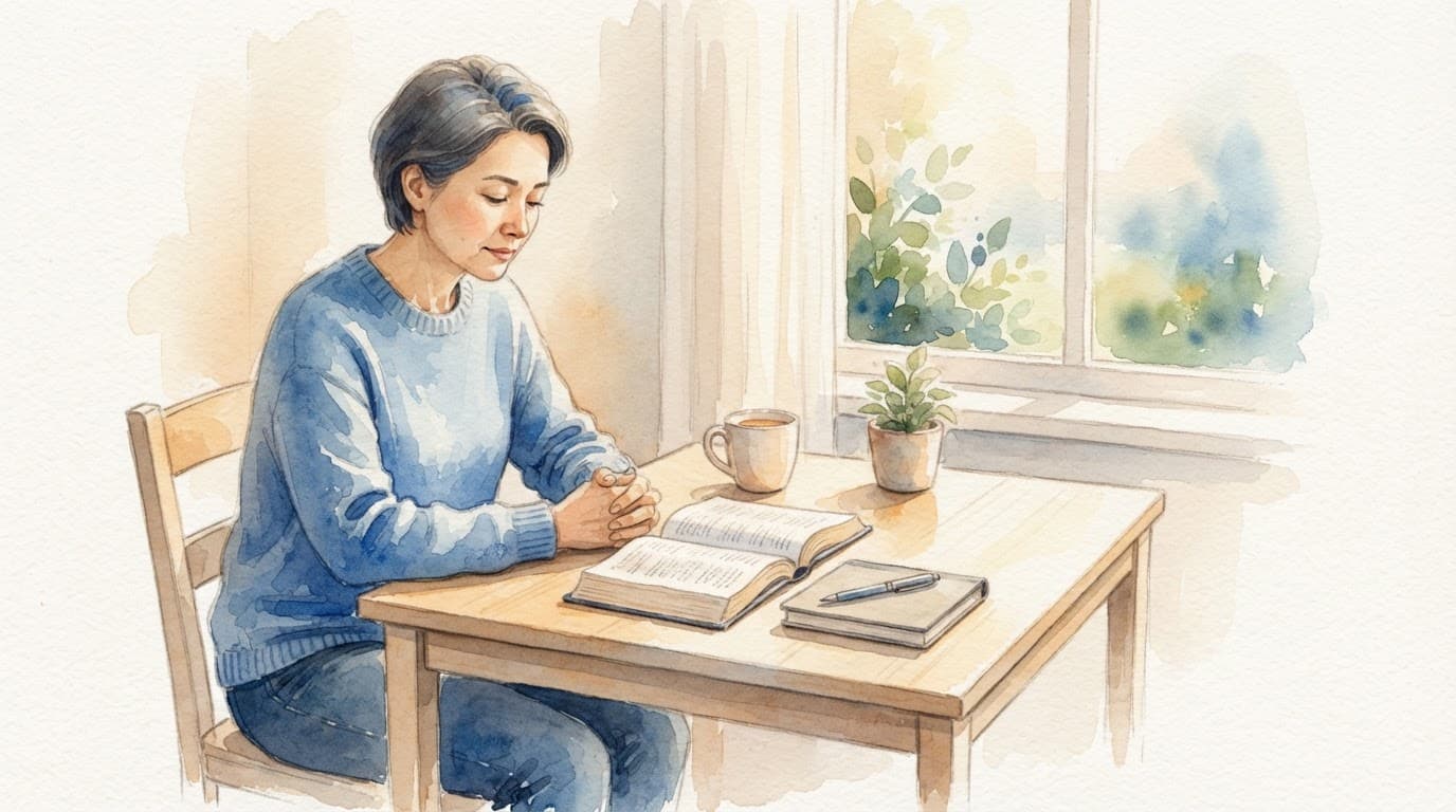 An open Bible, folded hands, and a quiet home setting for prayer.