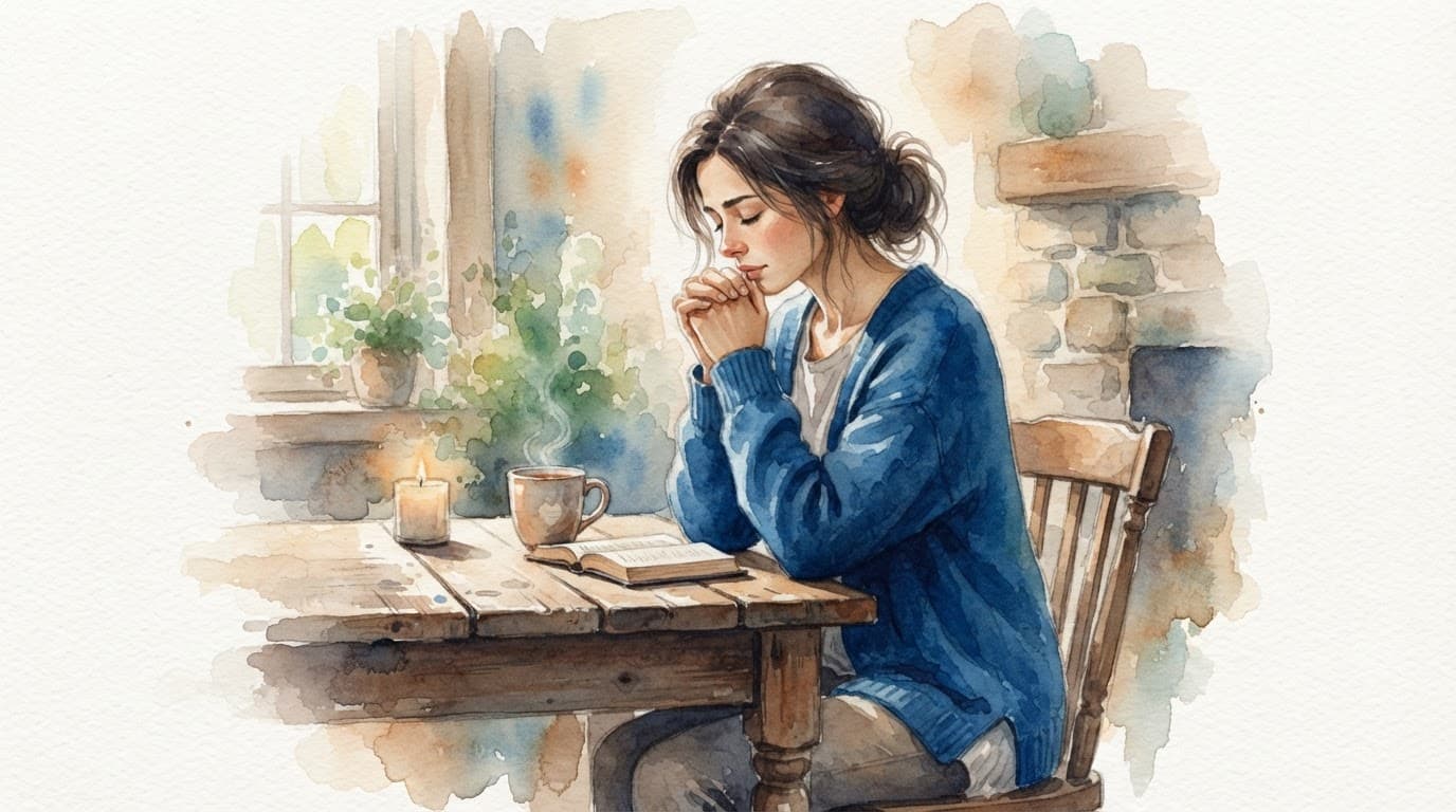 A person praying quietly beside tea on a wooden table in a blue watercolor scene.