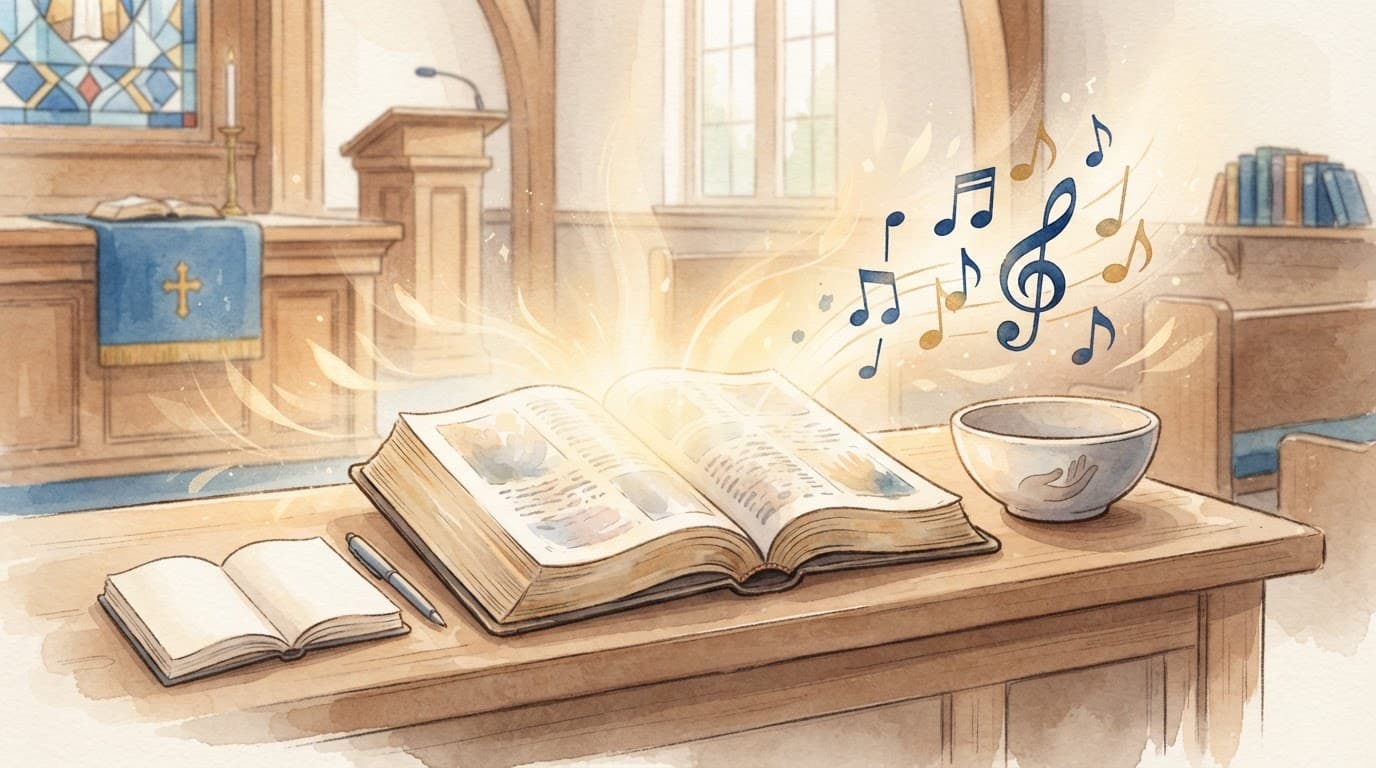 An open Bible surrounded by symbolic objects and warm light in a peaceful church.