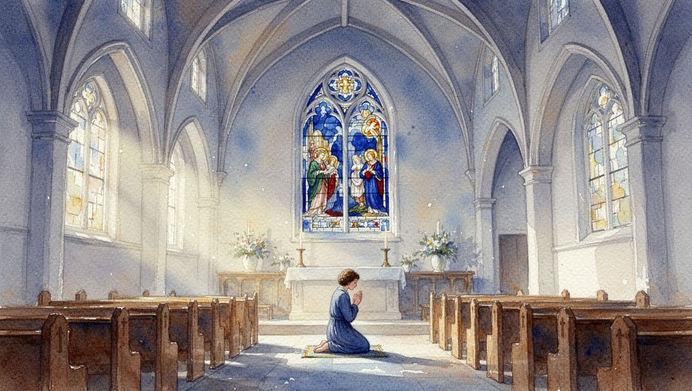 Person kneeling in prayer inside a sunlit church