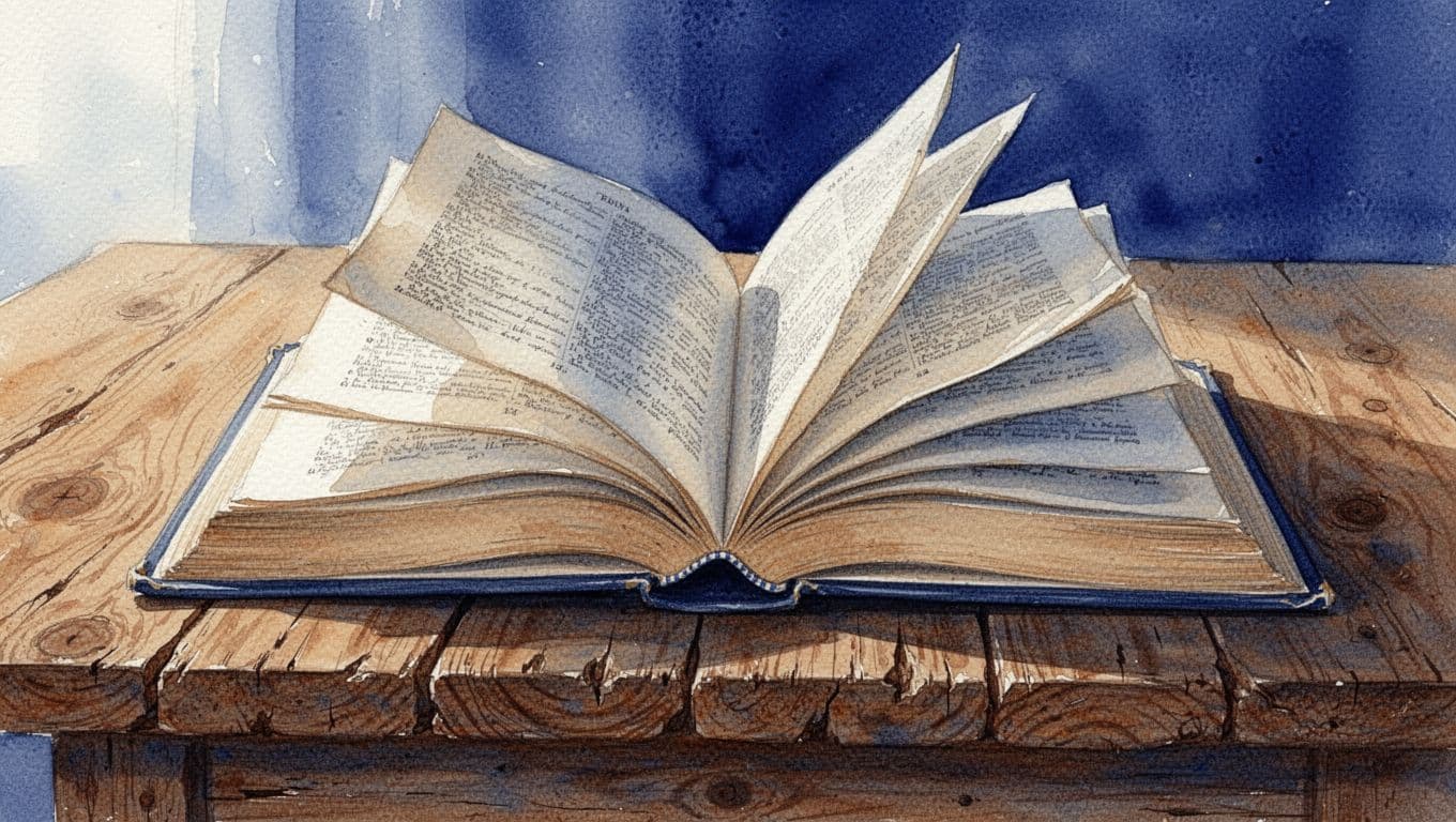 An open vintage Bible rests on a rustic wooden table in soft morning light.