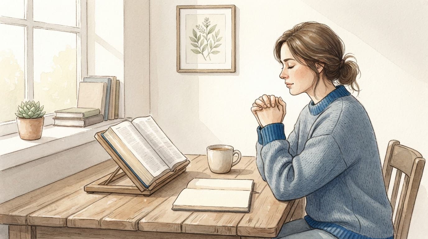Woman praying beside an open Bible, blank notebook, coffee, and a sunny window.