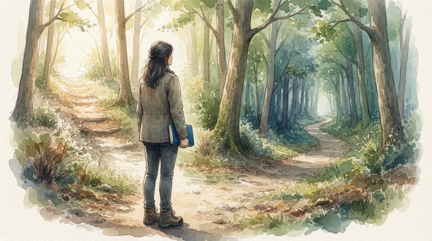 A faithful choice on a partly hidden woodland path