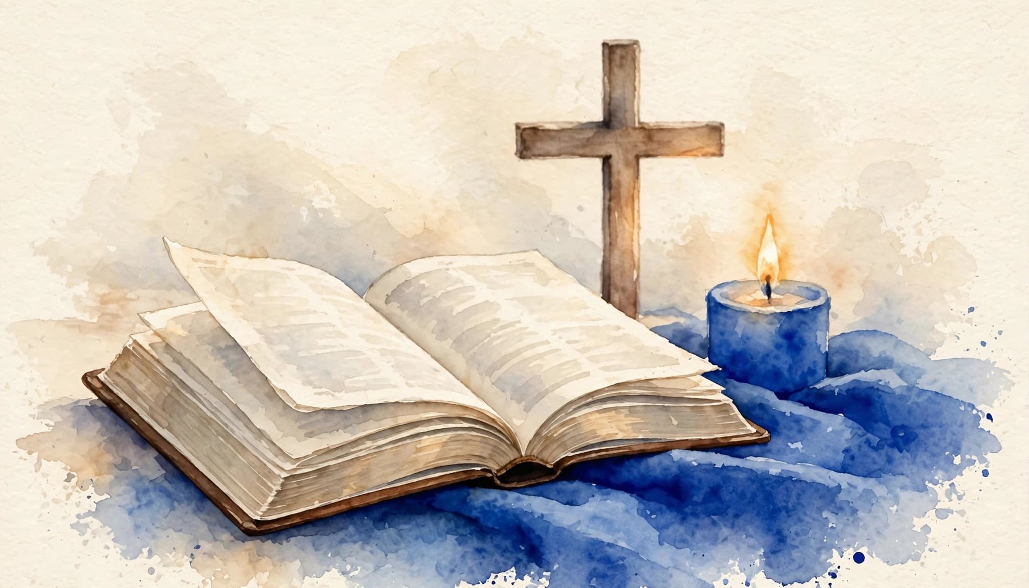 An open Bible beside a wooden cross and candle in soft morning light.