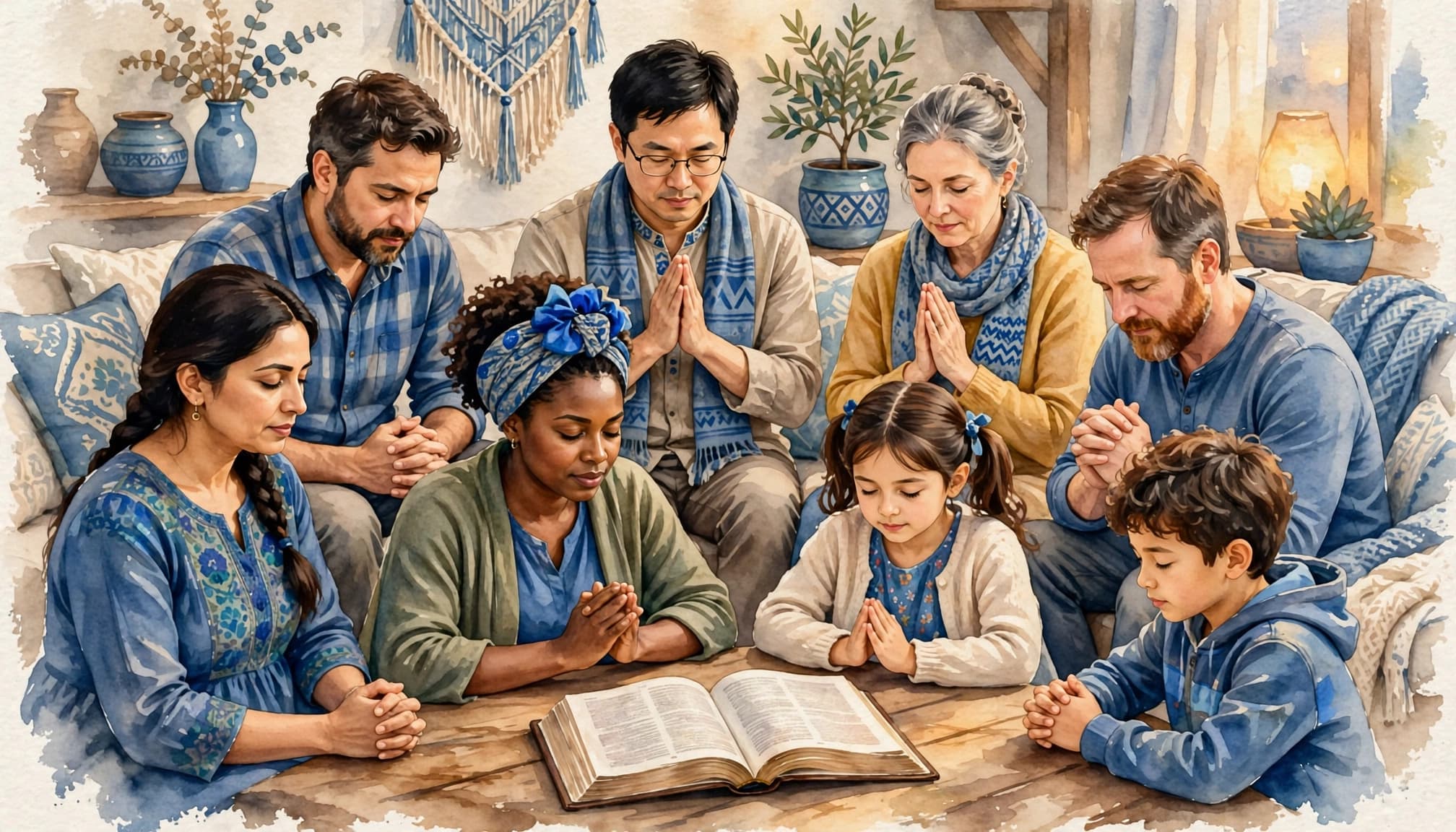 Six adults and two children gather around open Bibles in a warmly lit home.