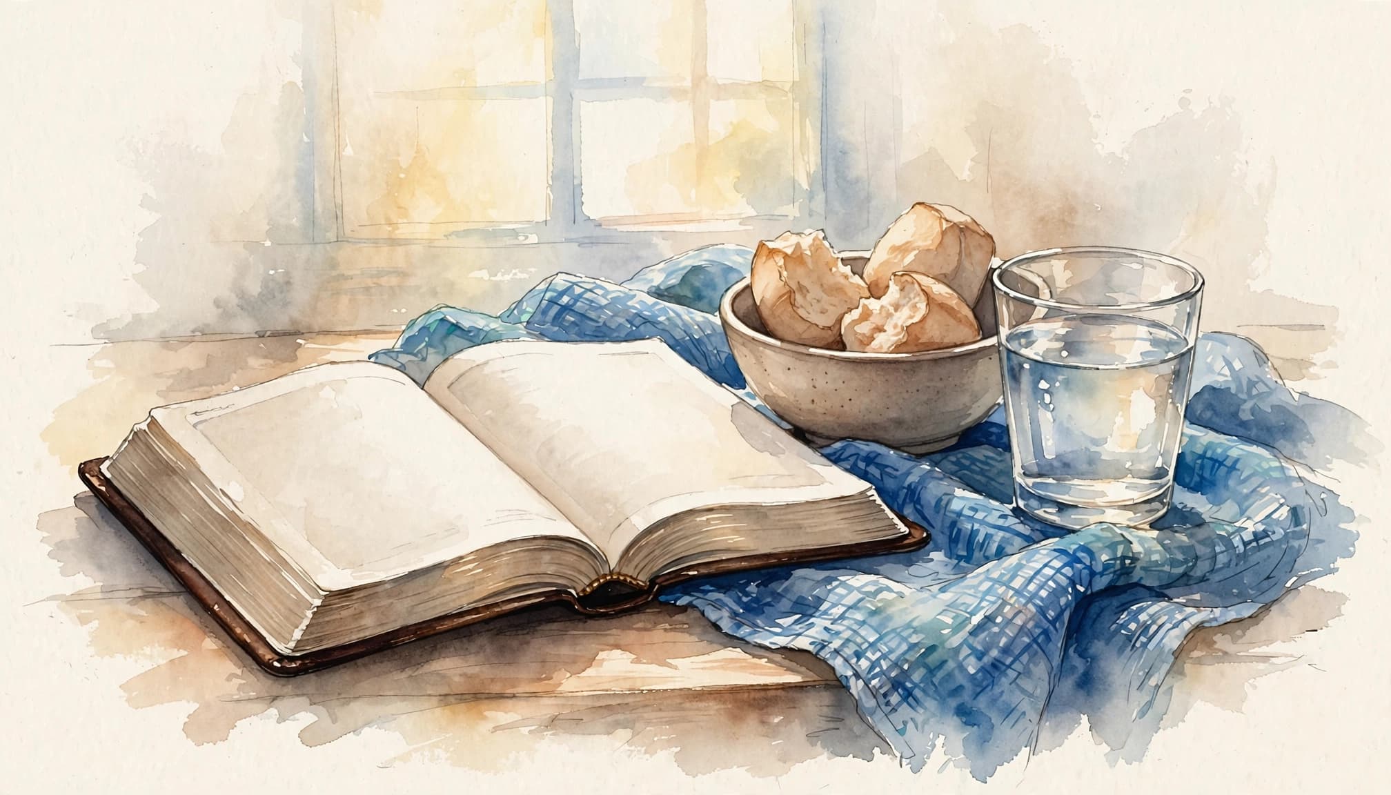 Lord's Prayer meaning is reflected in bread, water, and an open Bible on a table.