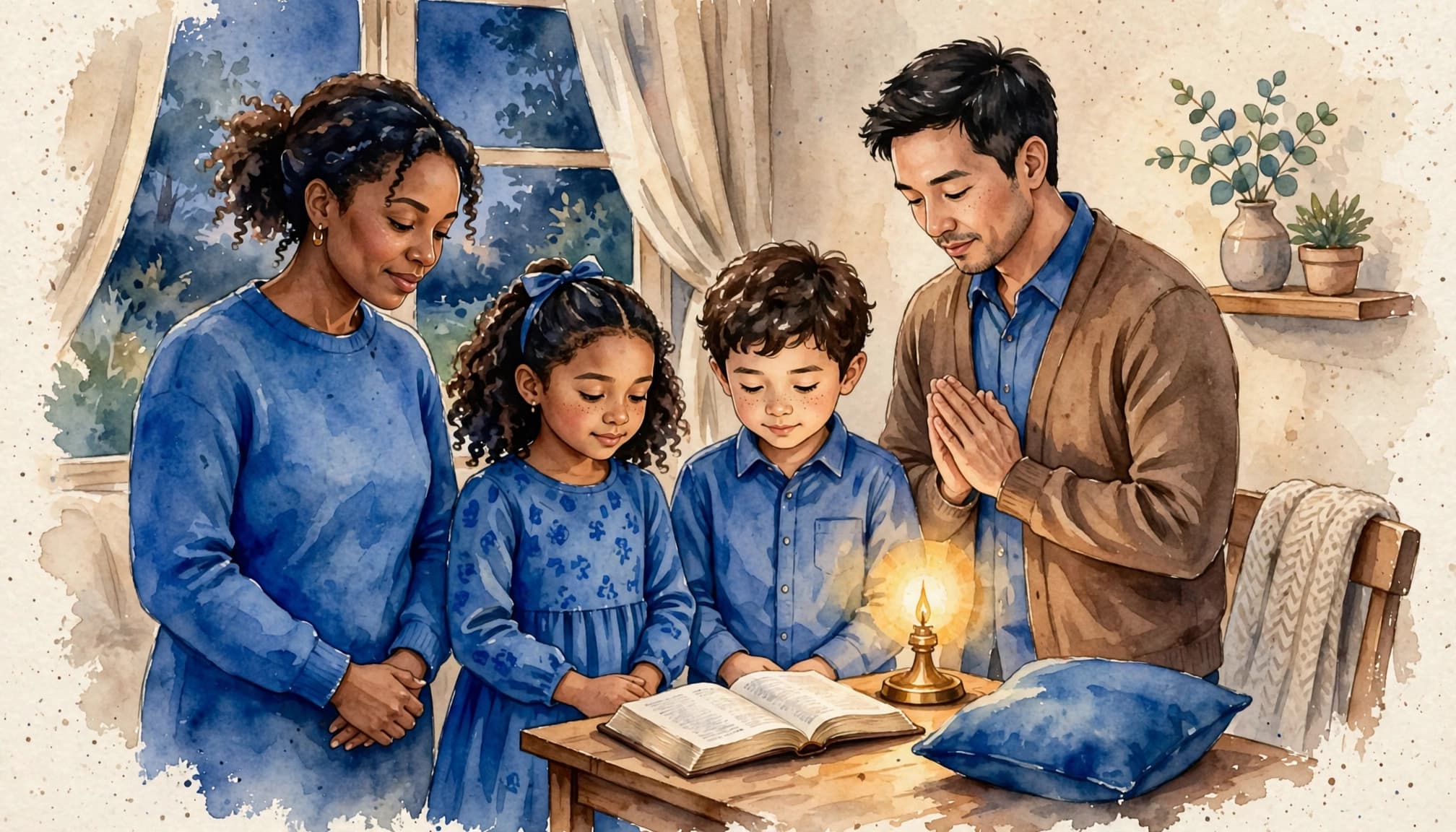 Two adults and two children gather around an open Bible in a softly lit living room.