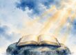 An open Bible on a stone beneath blue clouds and warm golden light.