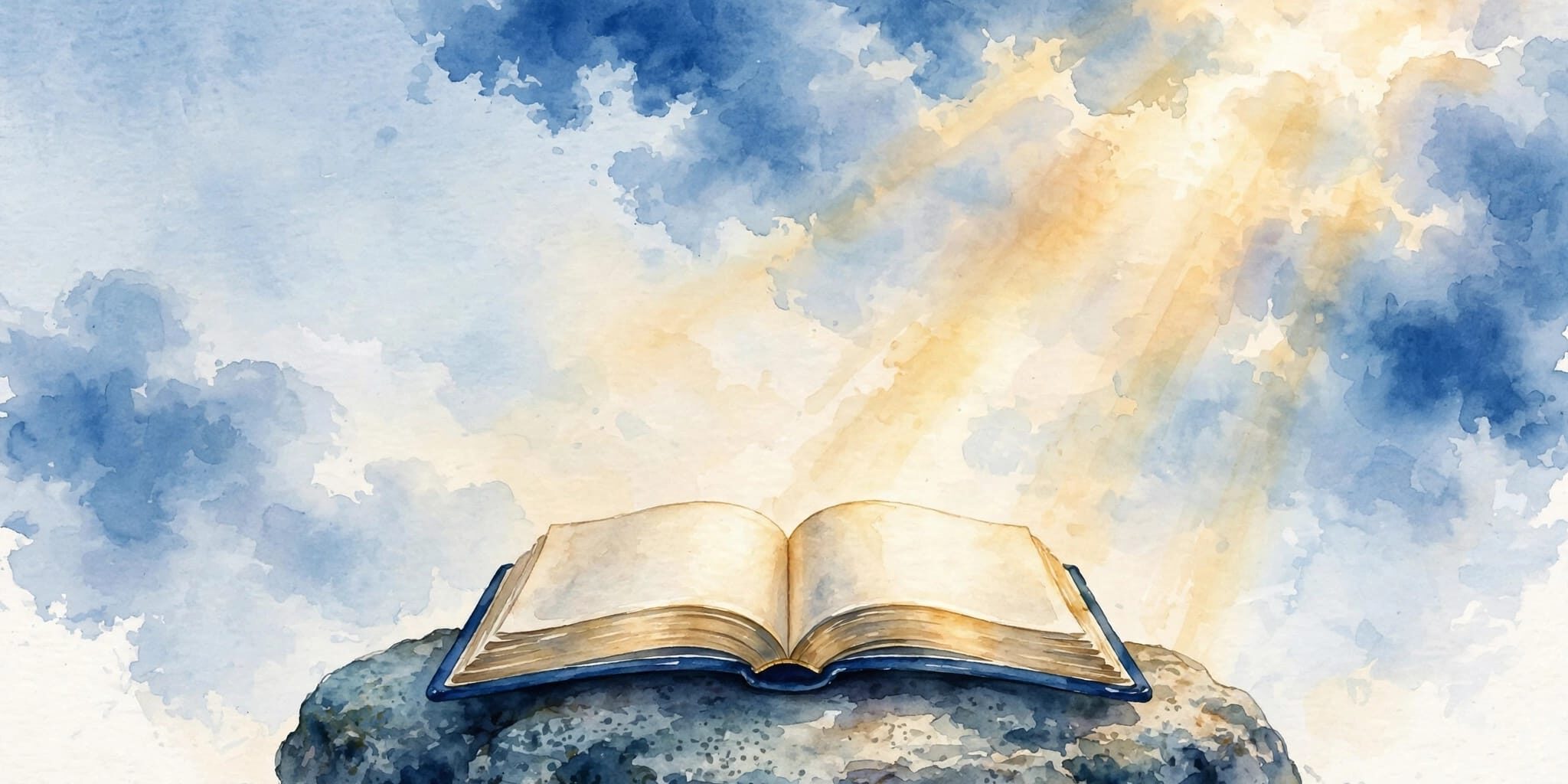 Bible And Golden Light An open Bible on a stone beneath blue clouds and warm golden light.