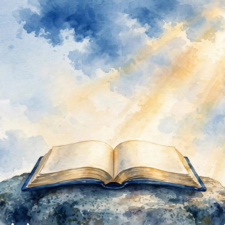 An open Bible on a stone beneath blue clouds and warm golden light.
