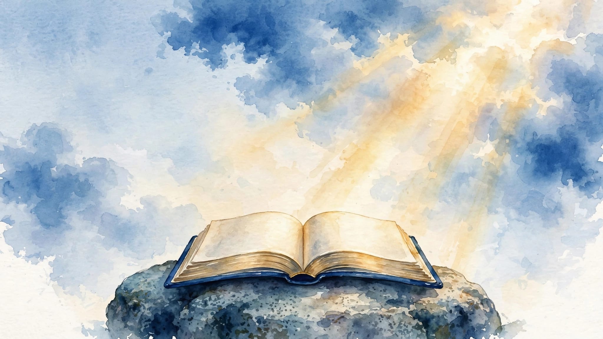Bible And Golden Light An open Bible on a stone beneath blue clouds and warm golden light.