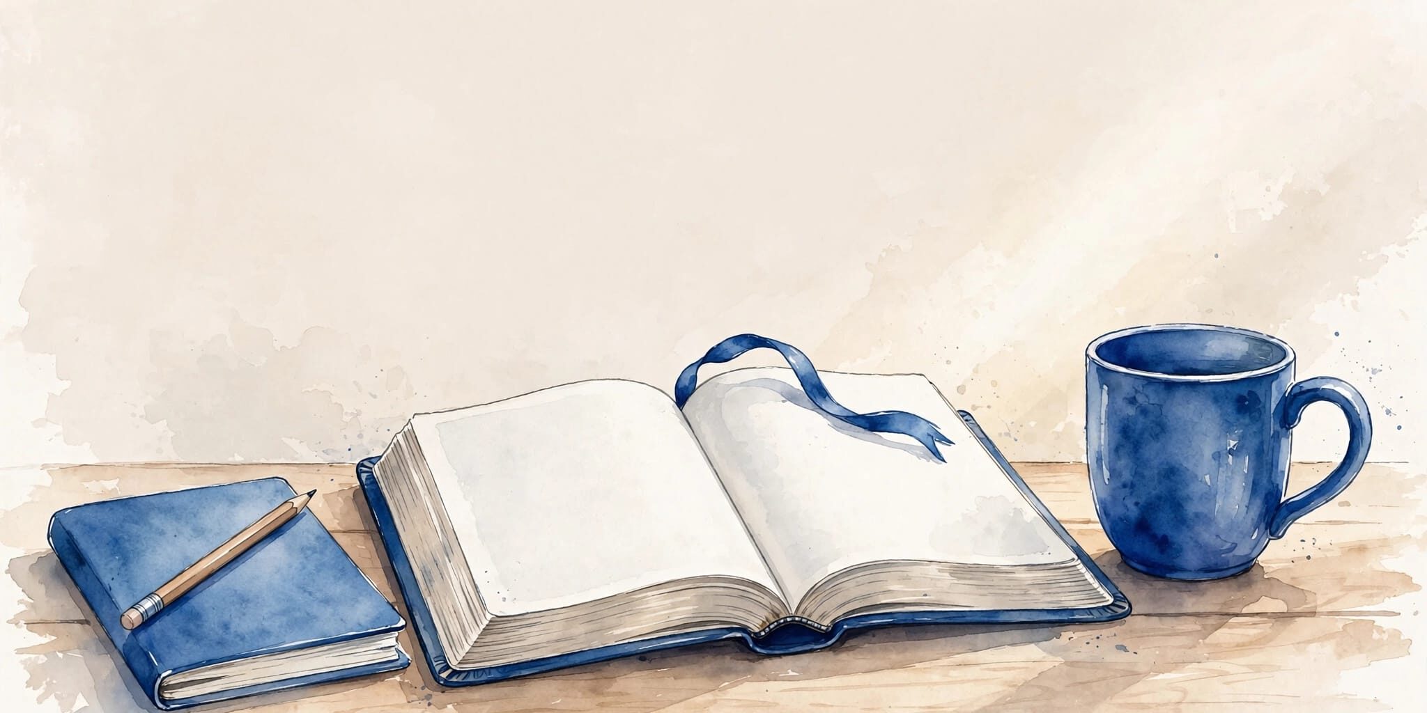 Morning Bible Study Desk An open Bible, blue mug, journal, and pencil sit on a sunlit wooden desk.