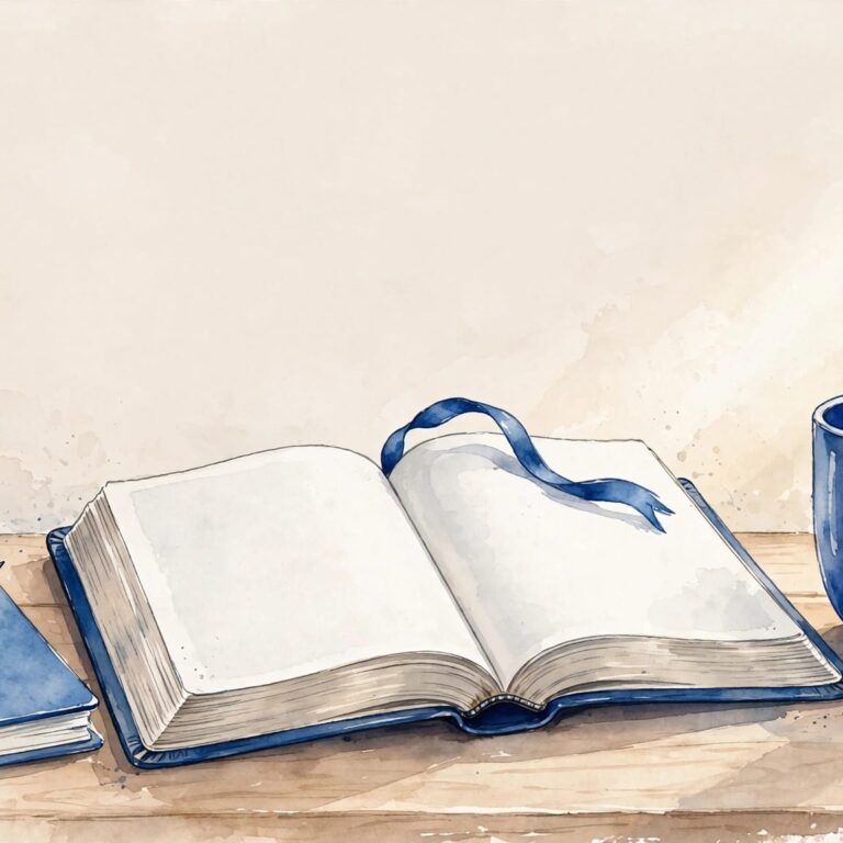 An open Bible, blue mug, journal, and pencil sit on a sunlit wooden desk.