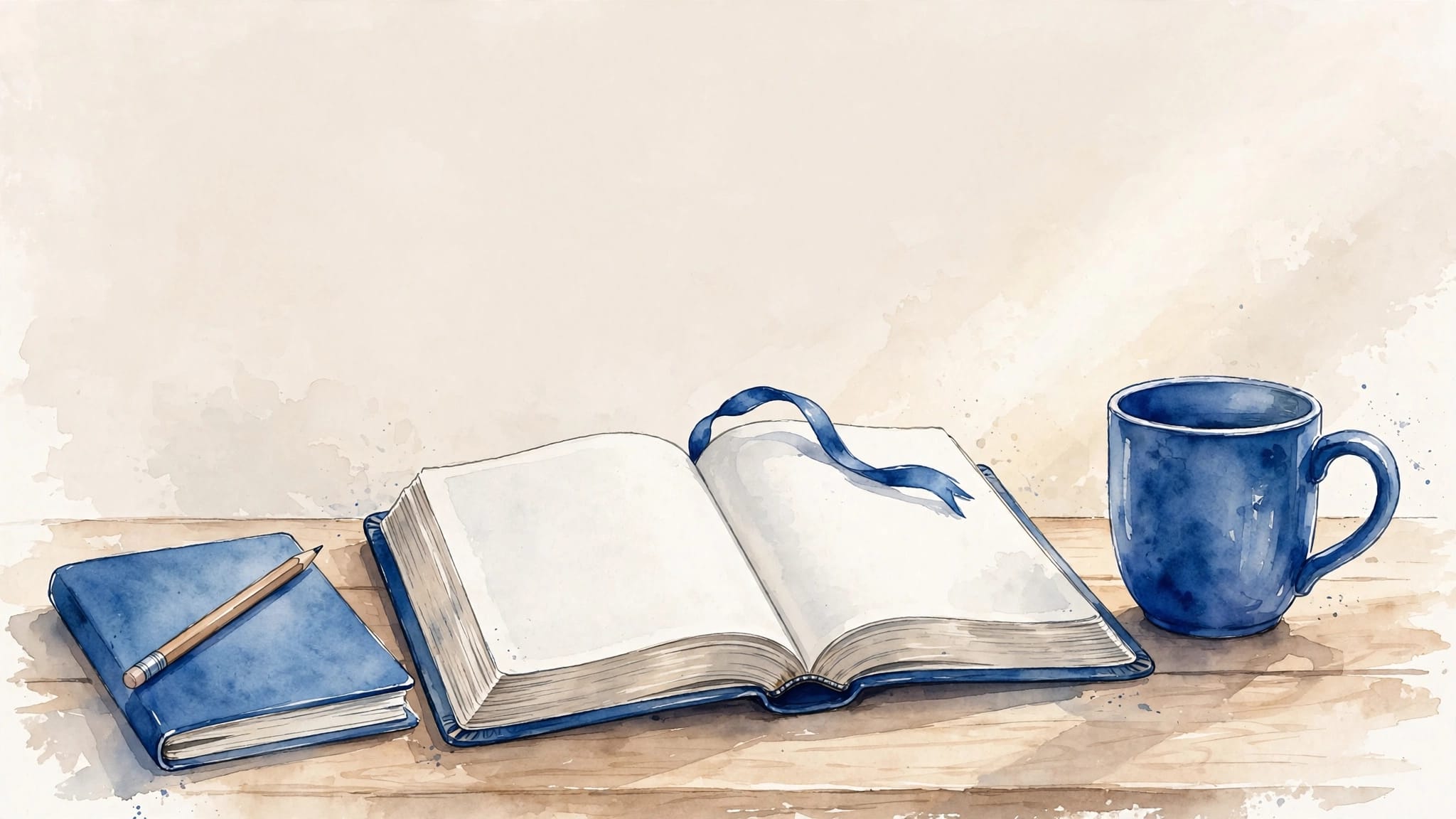 Morning Bible Study Desk An open Bible, blue mug, journal, and pencil sit on a sunlit wooden desk.