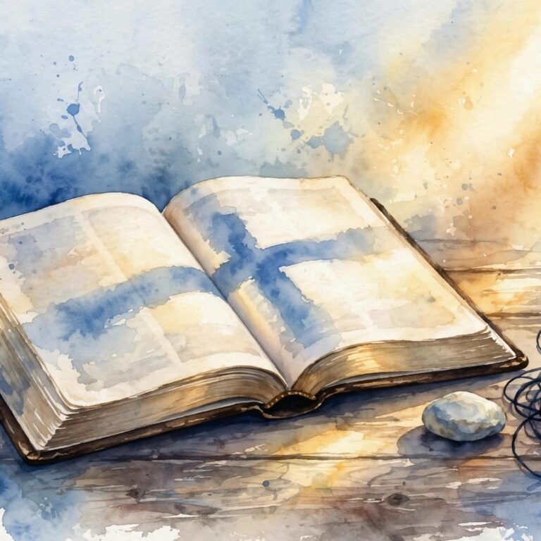 An open Bible beside a stone and tangled thread in warm golden light.