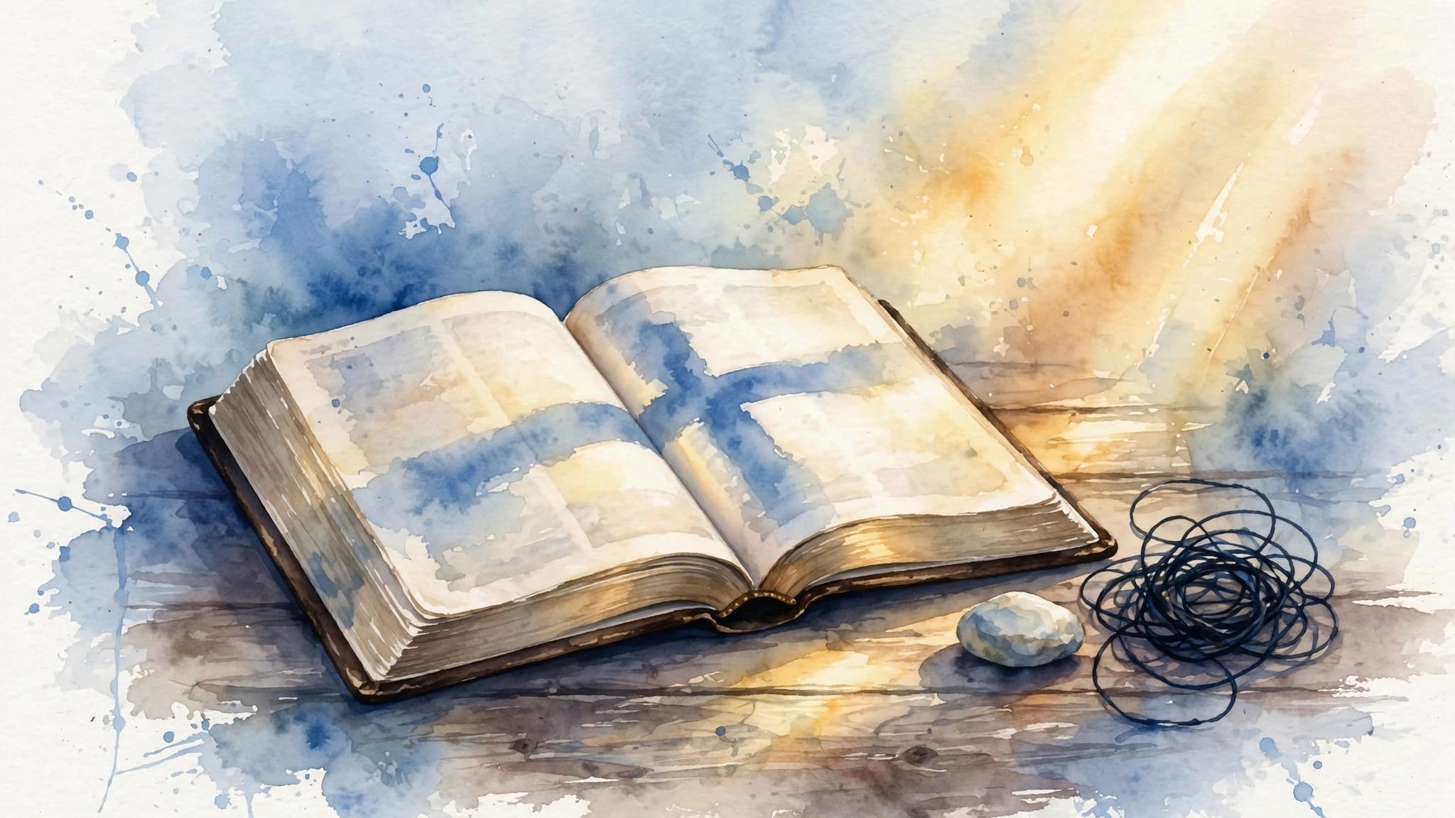 Bible And Released Revenge An open Bible beside a stone and tangled thread in warm golden light.