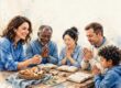 Adults and a child gather around a table with Bibles, bread, and hands clasped in prayer.