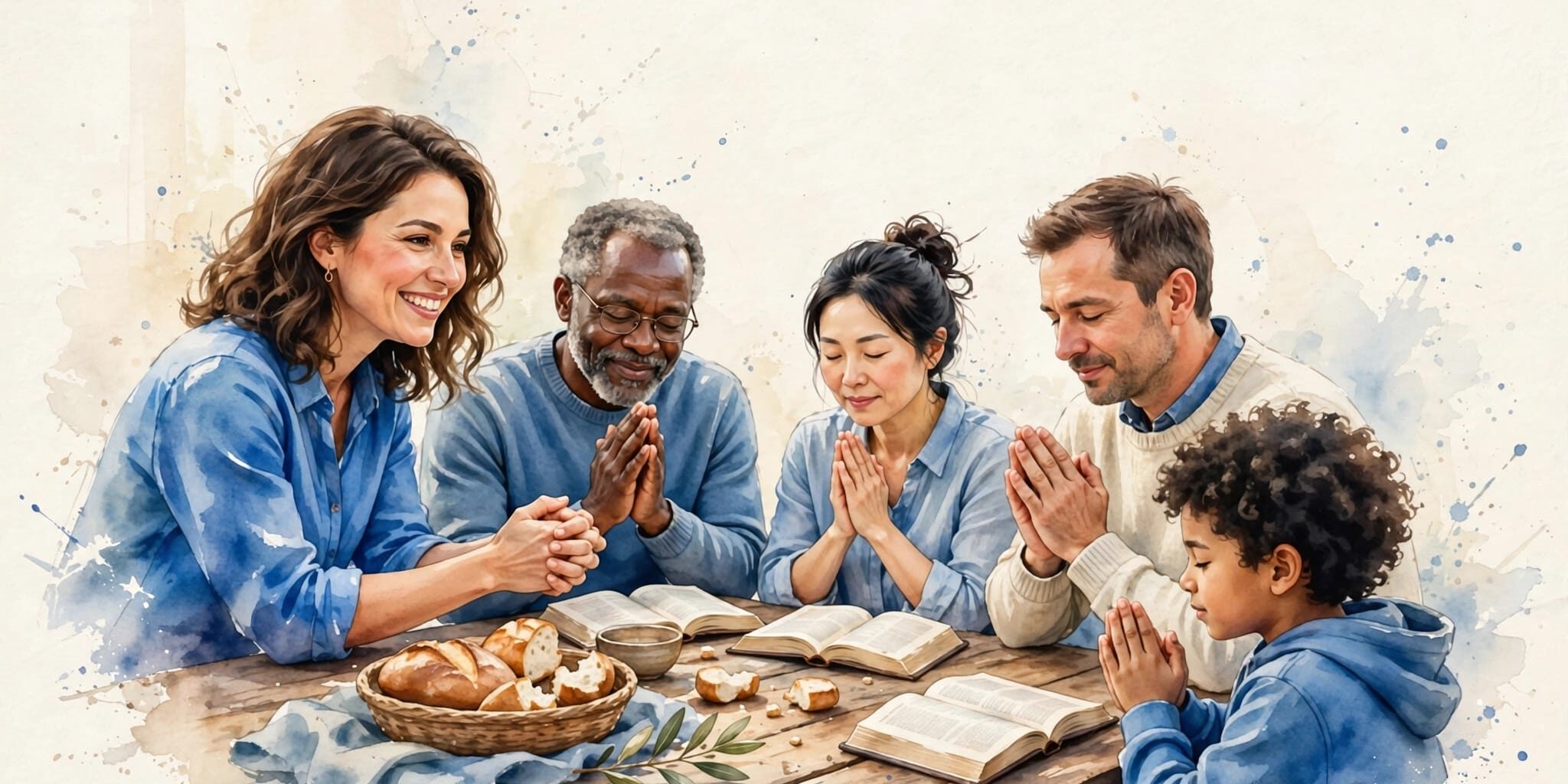 Christian Fellowship Gathering Adults and a child gather around a table with Bibles, bread, and hands clasped in prayer.