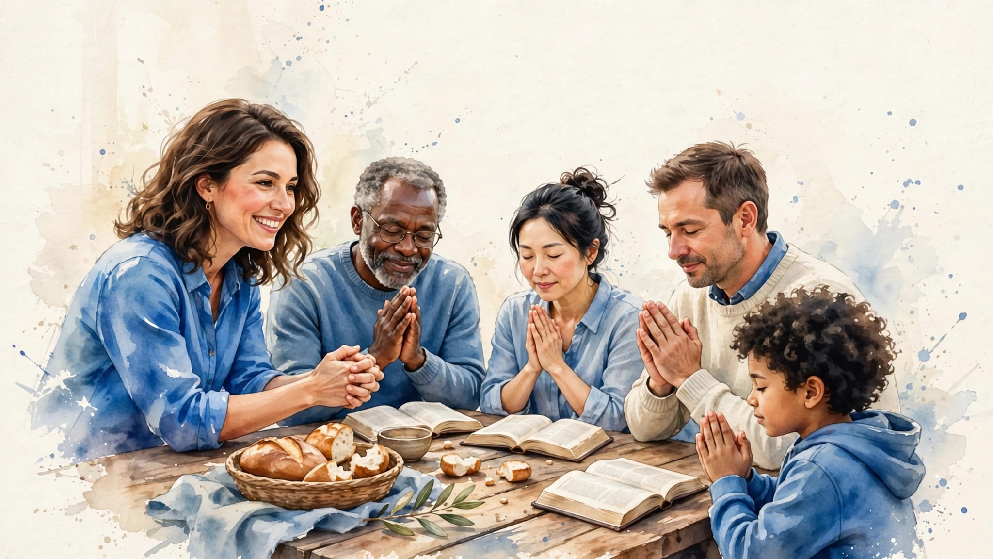 Adults and a child gather around a table with Bibles, bread, and hands clasped in prayer.