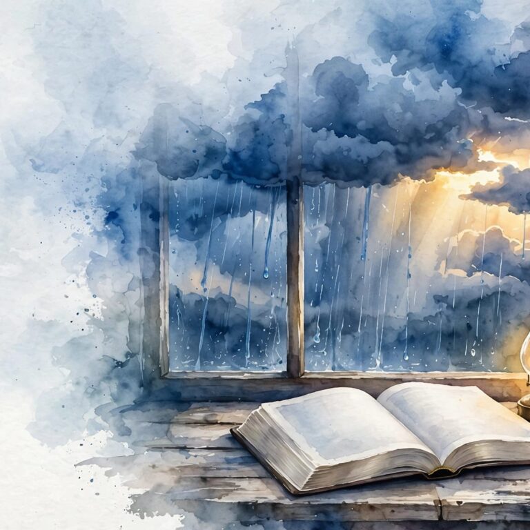 An open Bible and glowing lamp sit beside a rain-streaked window.