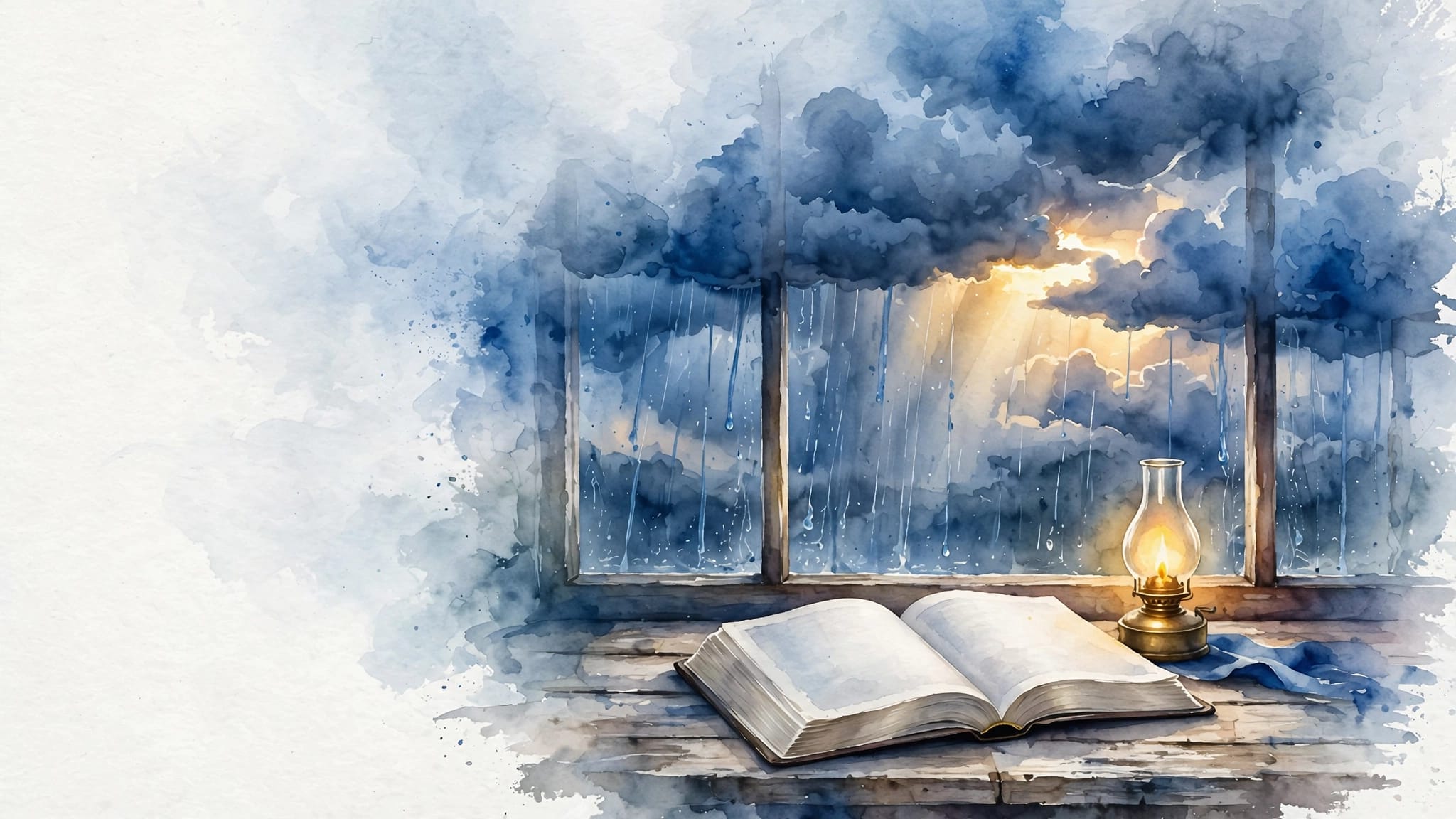 Bible And Stormy Window An open Bible and glowing lamp sit beside a rain-streaked window.