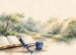 An open Bible and journal beside a forest path in soft morning light.