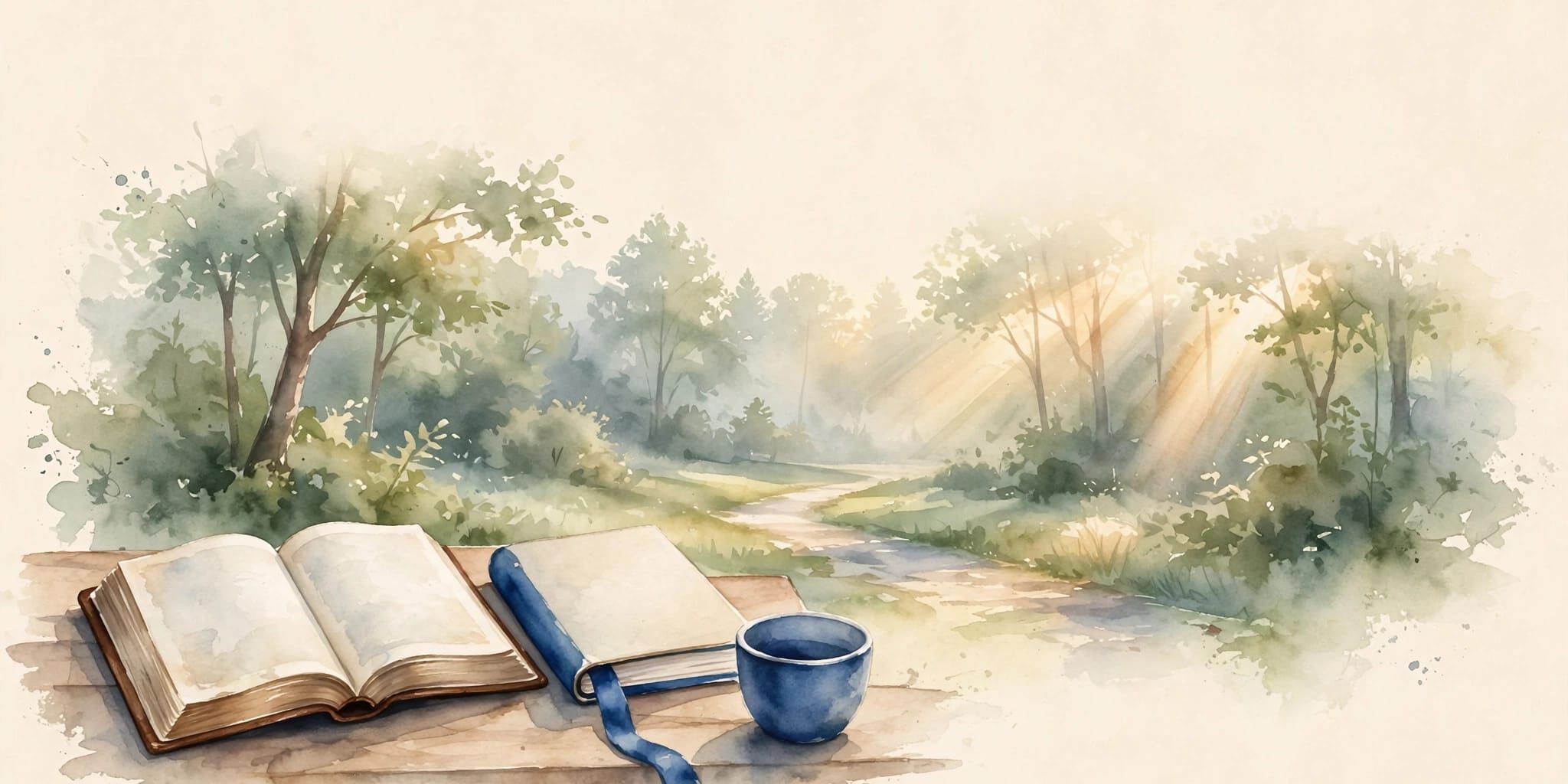Bible And Forest Path An open Bible and journal beside a forest path in soft morning light.