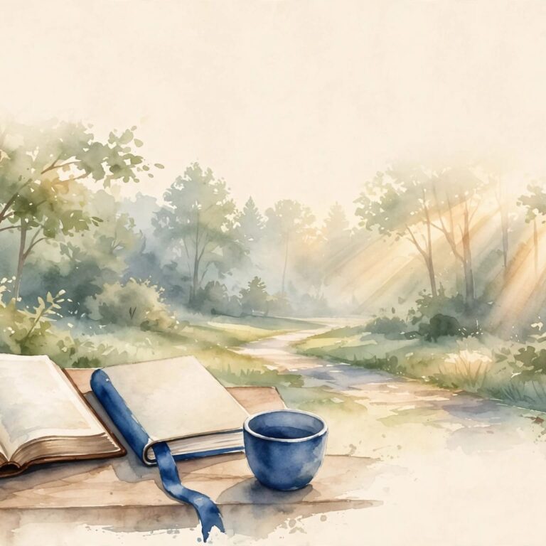 An open Bible and journal beside a forest path in soft morning light.