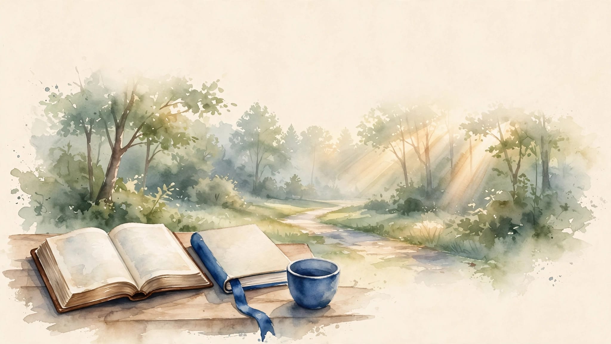 An open Bible and journal beside a forest path in soft morning light.