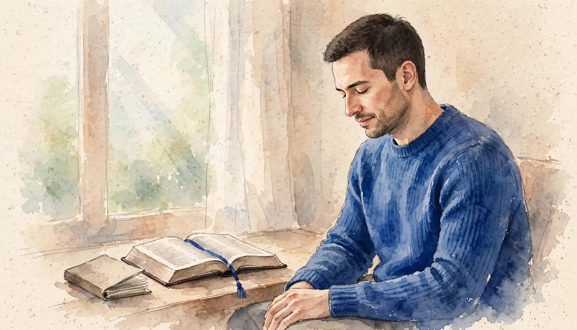 A man prays beside an open Bible and a small journal in soft window light.