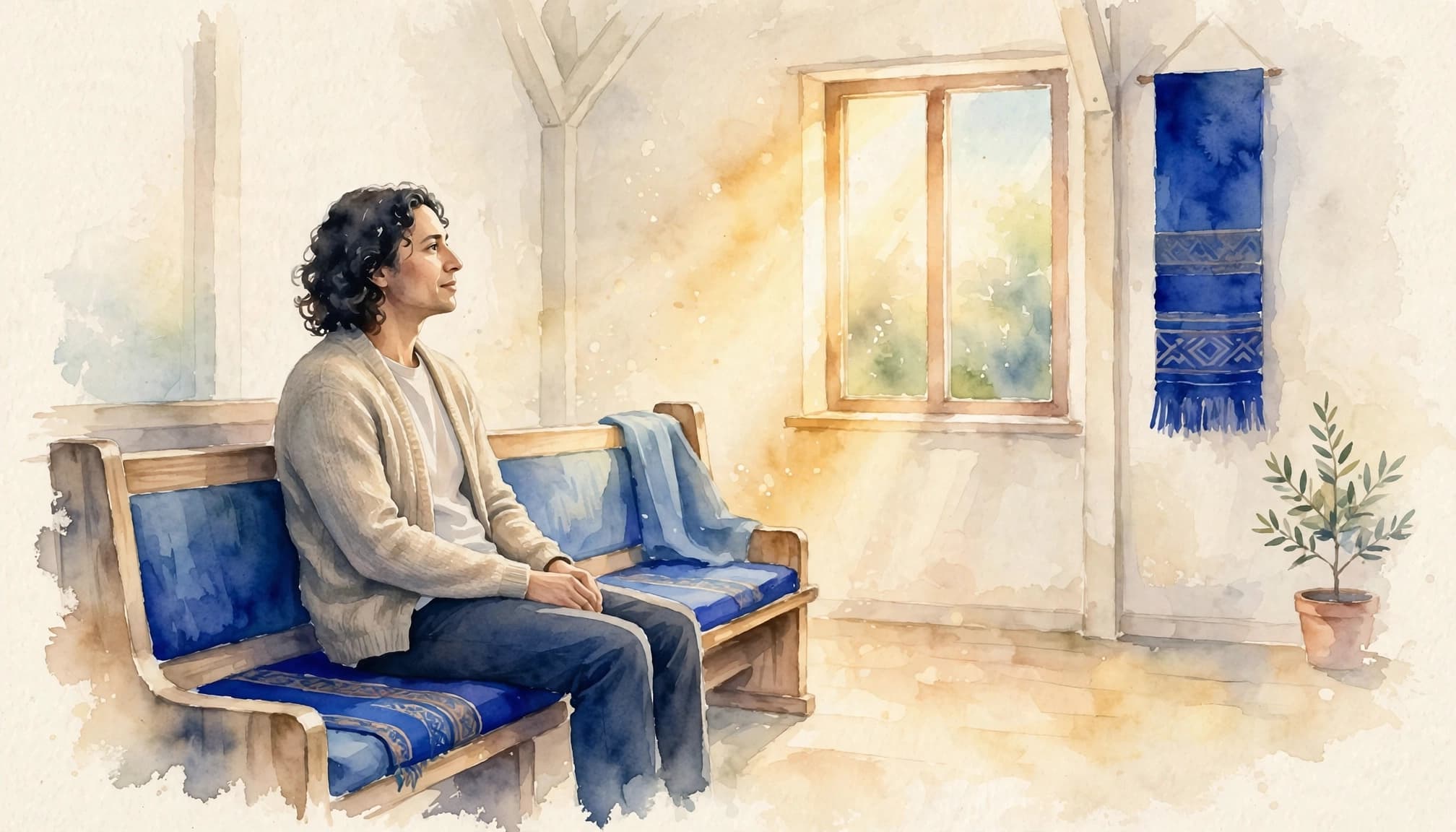 A person sits quietly in a church pew, facing warm light from a window.
