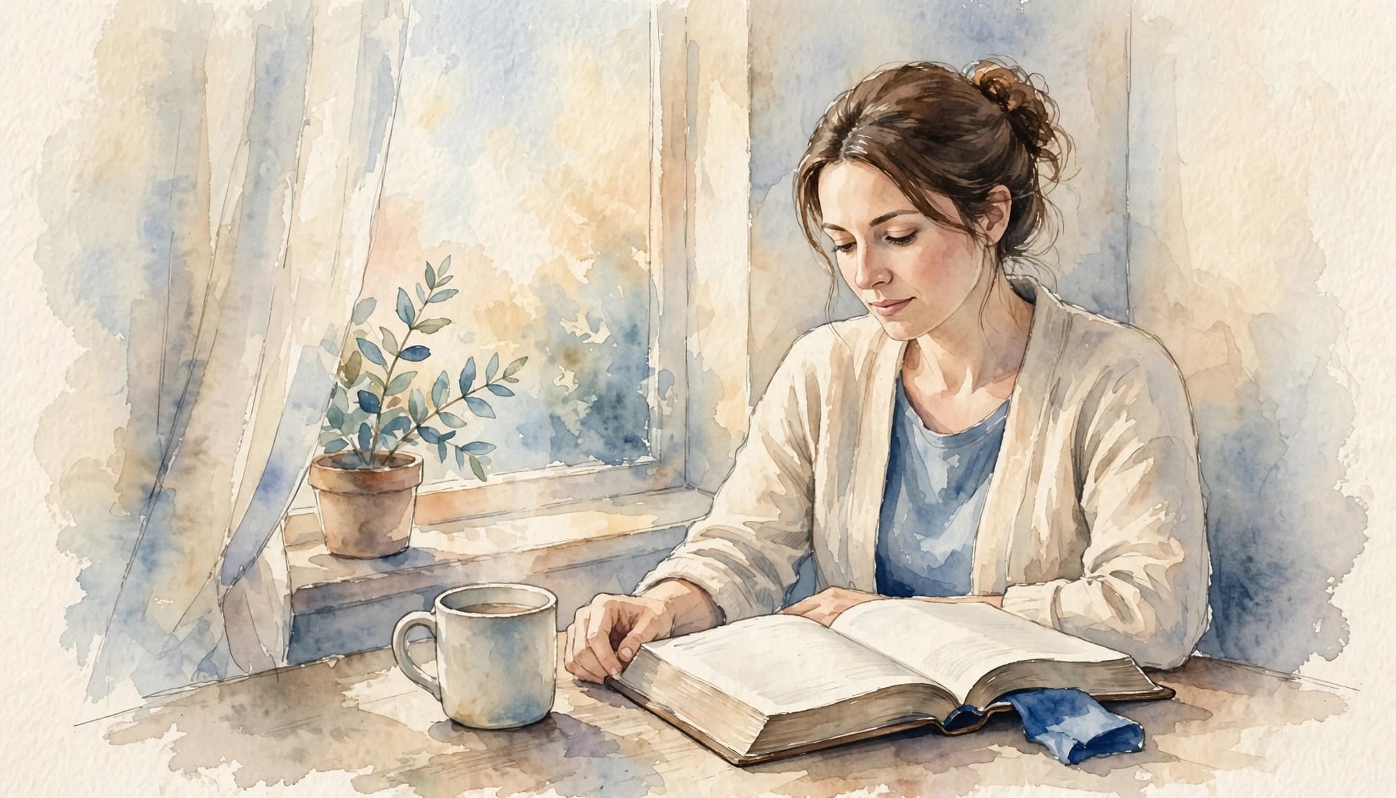 Woman resting beside an open Bible in warm morning light.
