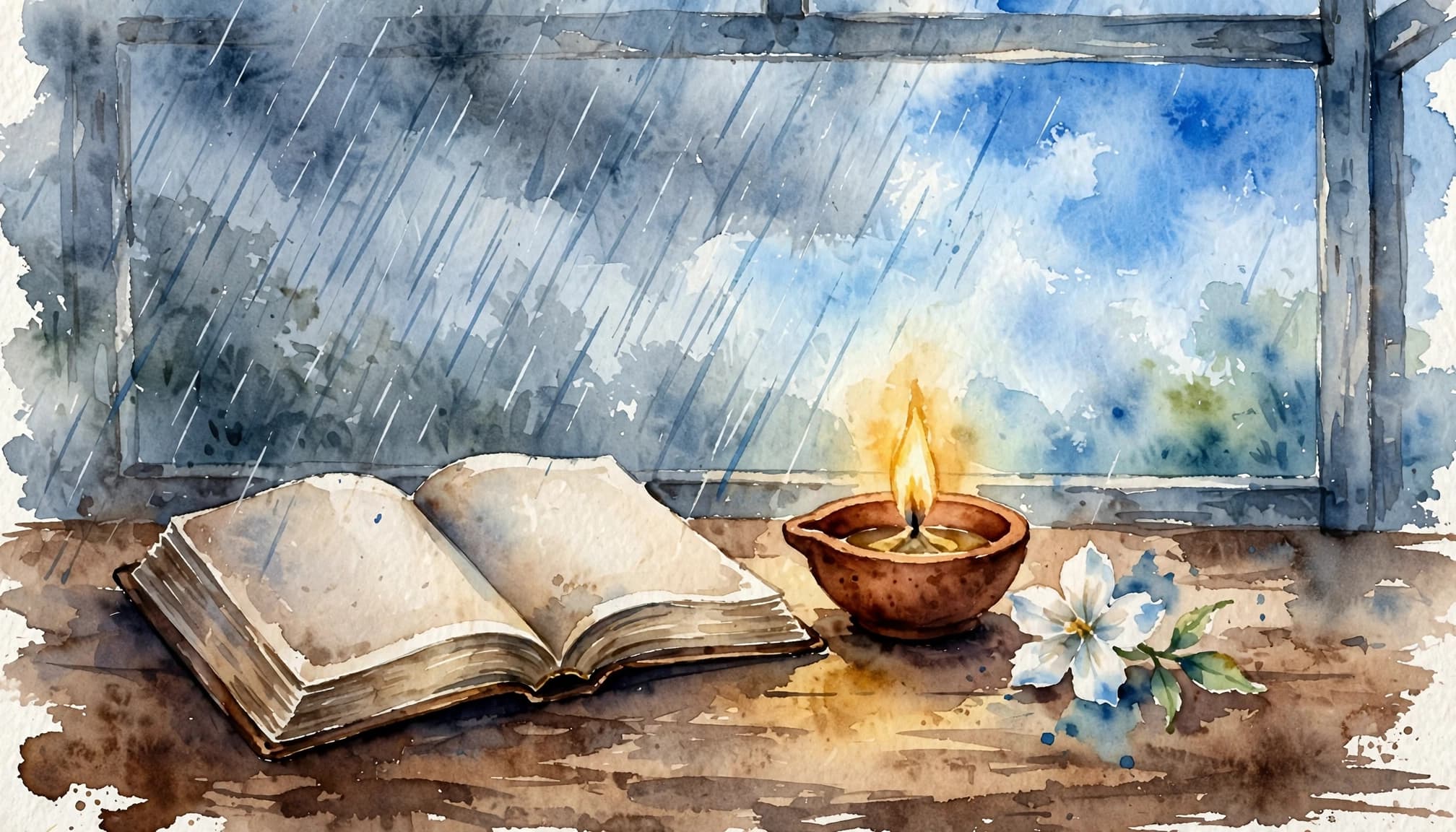 Watercolor illustration of biblical lament with an open Bible, oil lamp, and flower beside a rainy window.