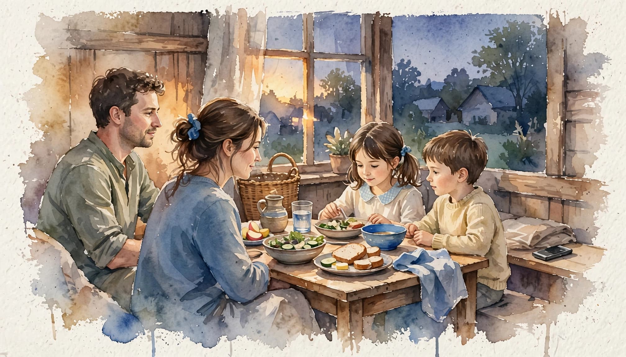 Sabbath rest shared through a peaceful family meal in watercolor.