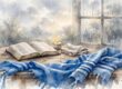 A blue prayer shawl lies before an open Bible, candle, and folded cloth by a rainy window.