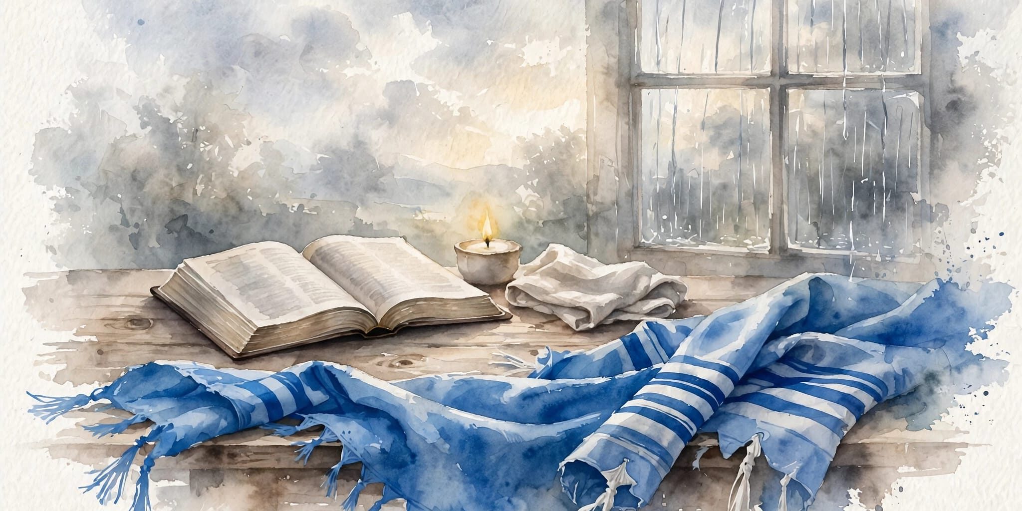 Blue Prayer Shawl Still Life A blue prayer shawl lies before an open Bible, candle, and folded cloth by a rainy window.