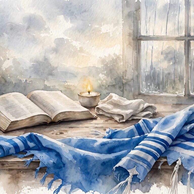 A blue prayer shawl lies before an open Bible, candle, and folded cloth by a rainy window.