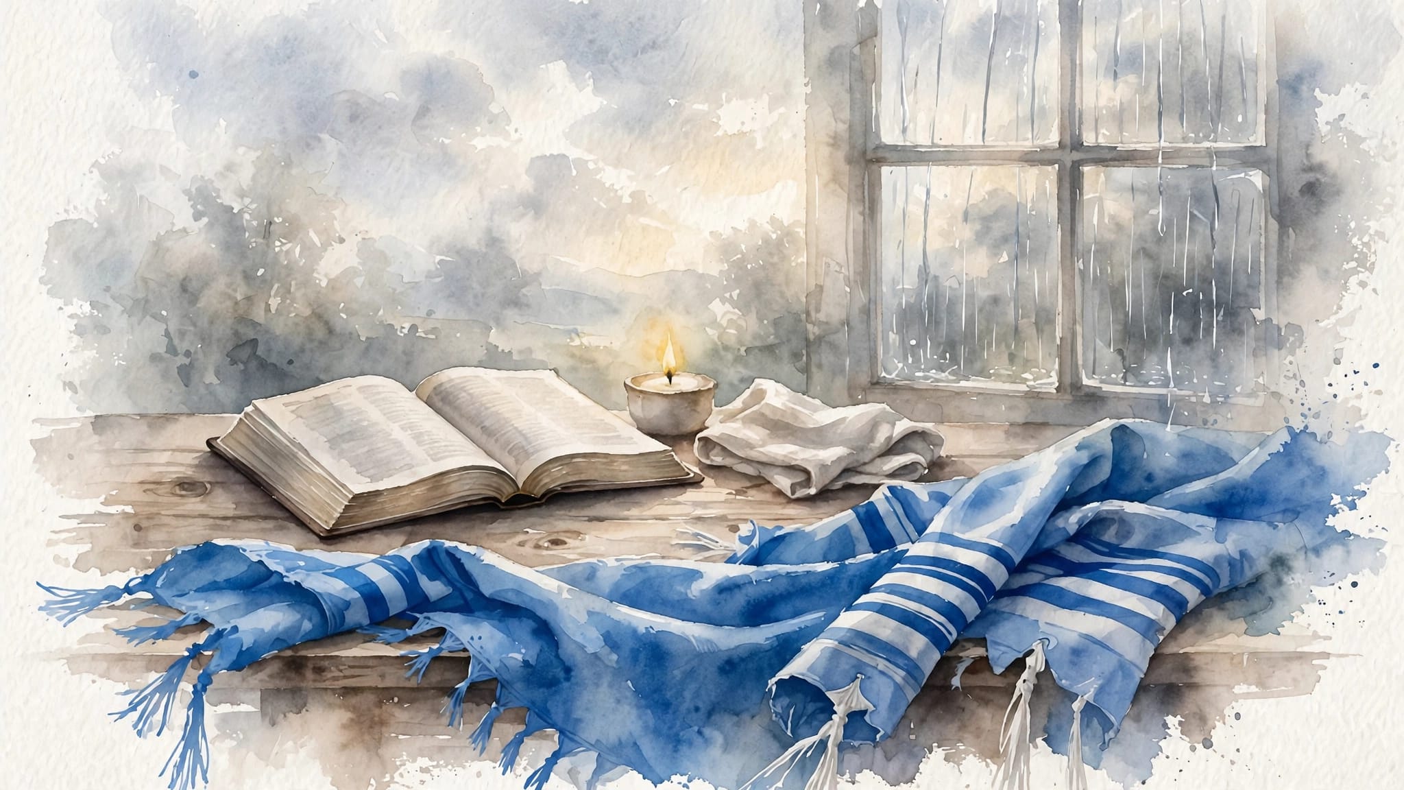 Blue Prayer Shawl Still Life A blue prayer shawl lies before an open Bible, candle, and folded cloth by a rainy window.