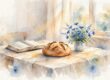 An open Bible, bread, and blue flowers sit on a sunlit dining table.