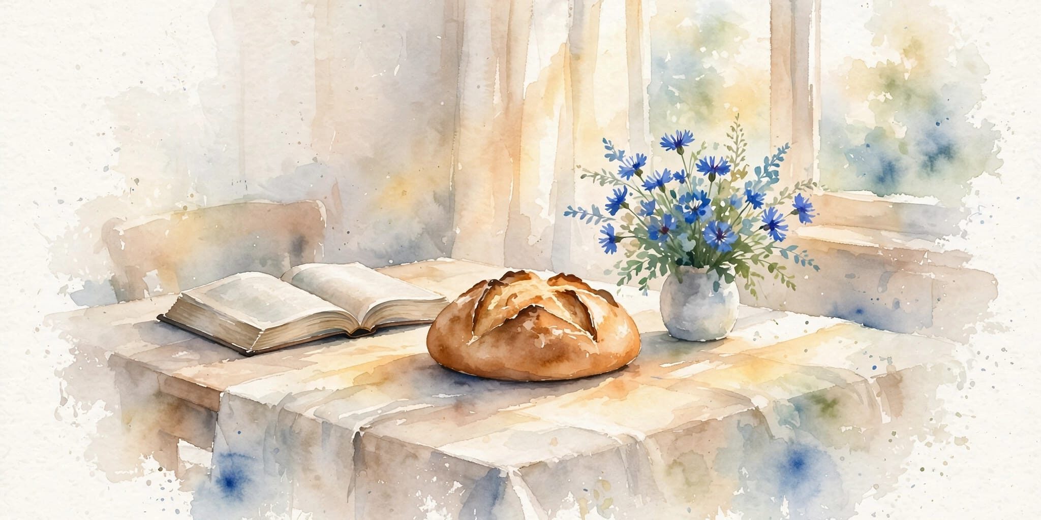 Sabbath Table Still Life An open Bible, bread, and blue flowers sit on a sunlit dining table.
