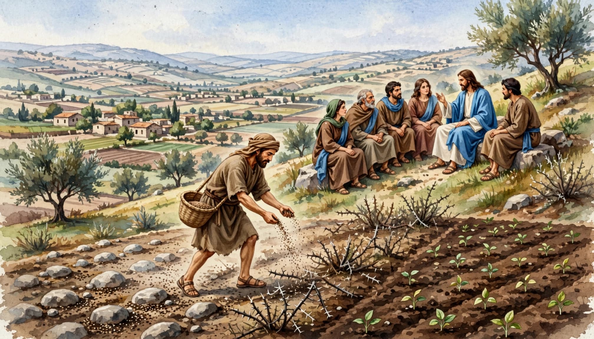 Watercolor of biblical parables showing a sower scattering seed across different kinds of soil.