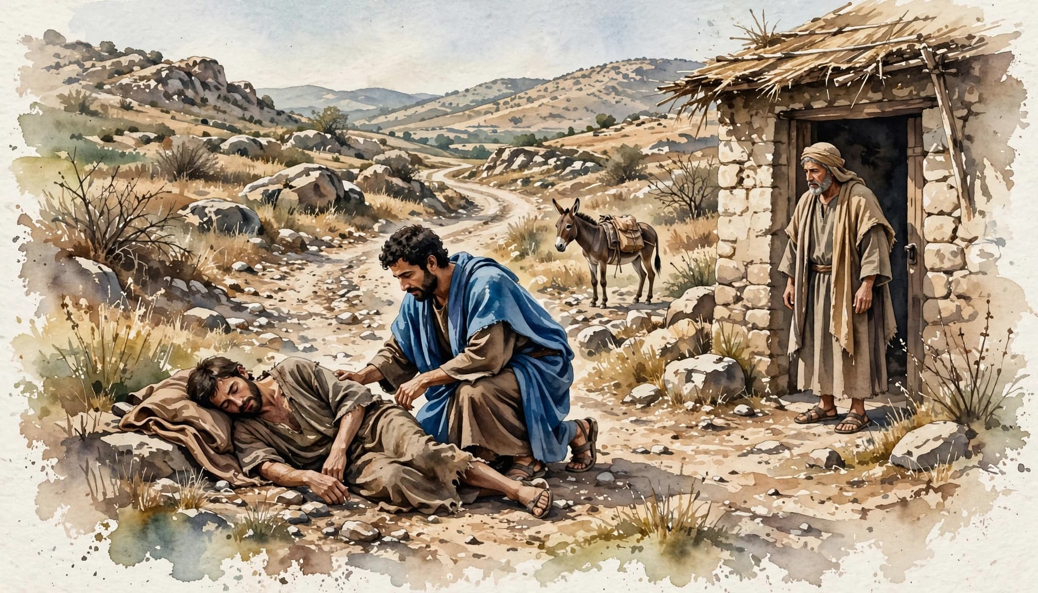Watercolor illustrating biblical parables through the Samaritan caring for an injured traveler.