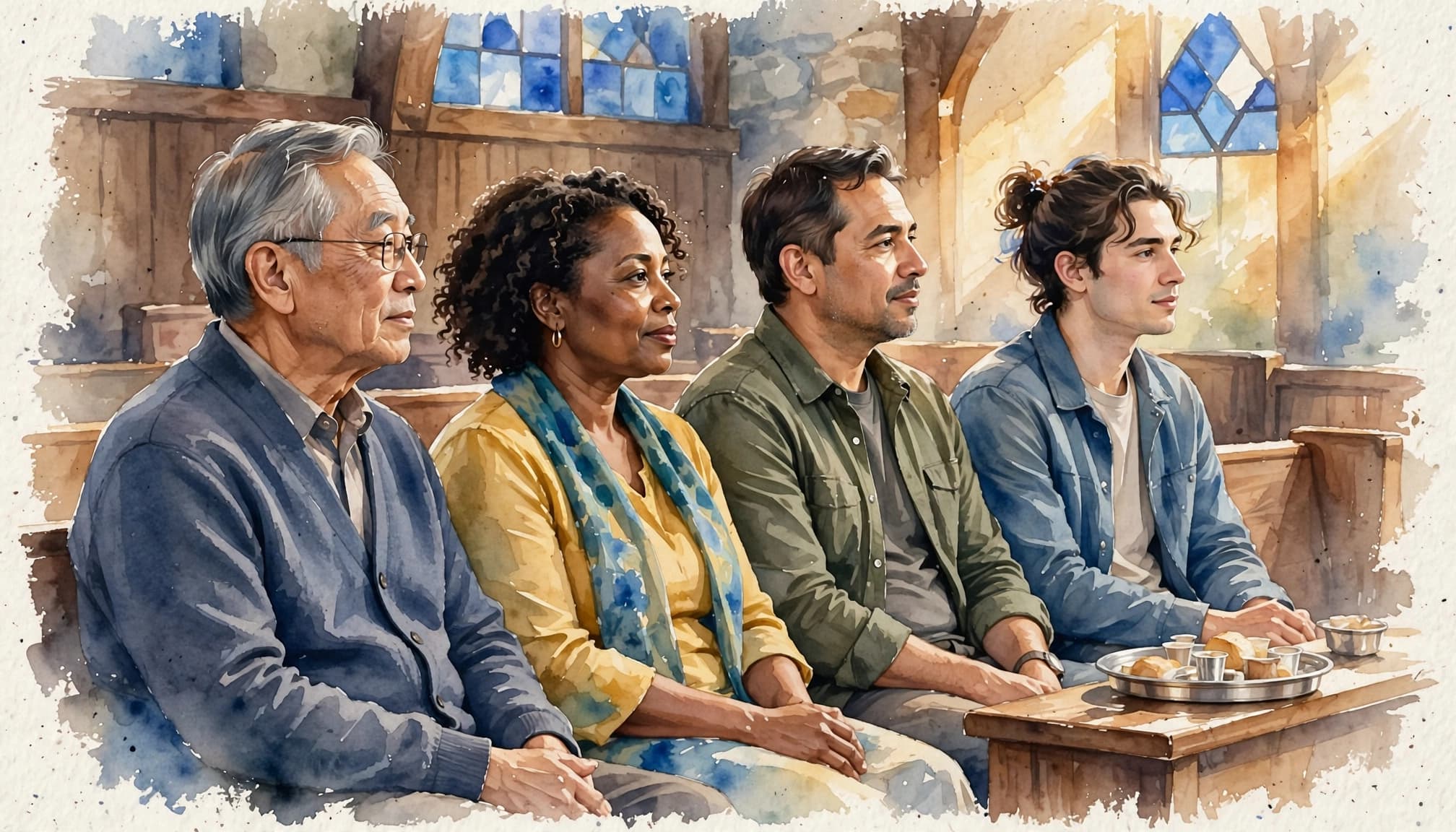 Believers from different generations gathered for the Lord's Supper in a church sanctuary.