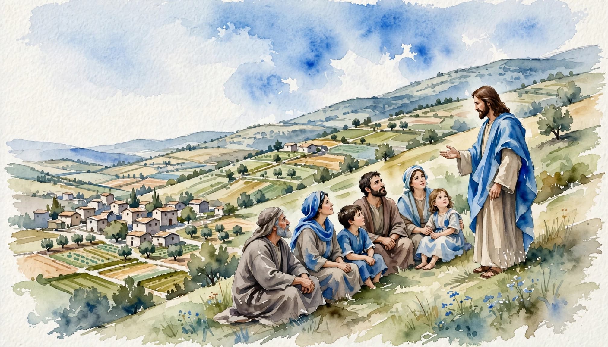 A watercolor scene of Jesus teaching about the kingdom of God on a hillside