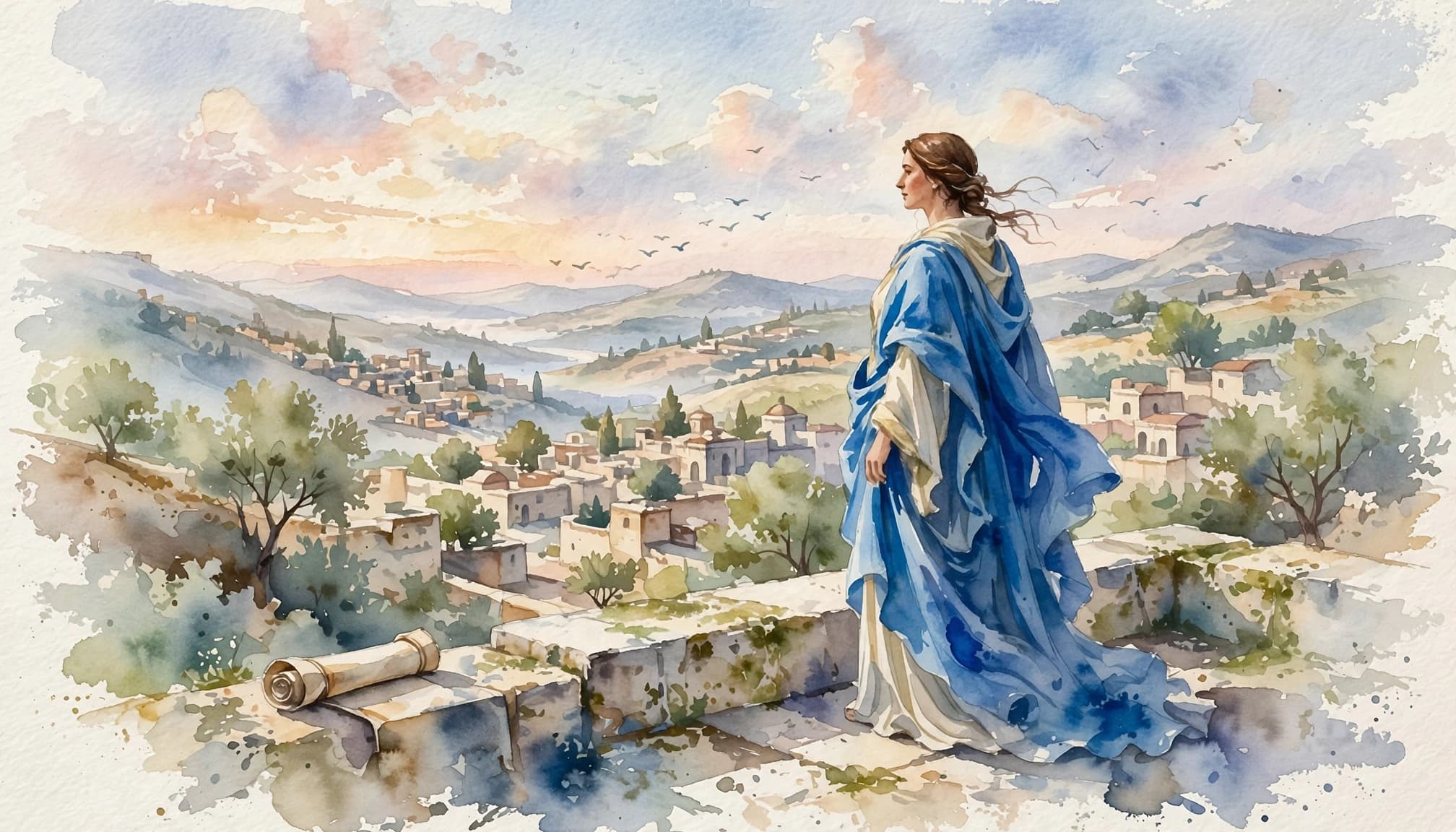 Watercolor illustration of wisdom in Proverbs personified as a woman overlooking an ancient city