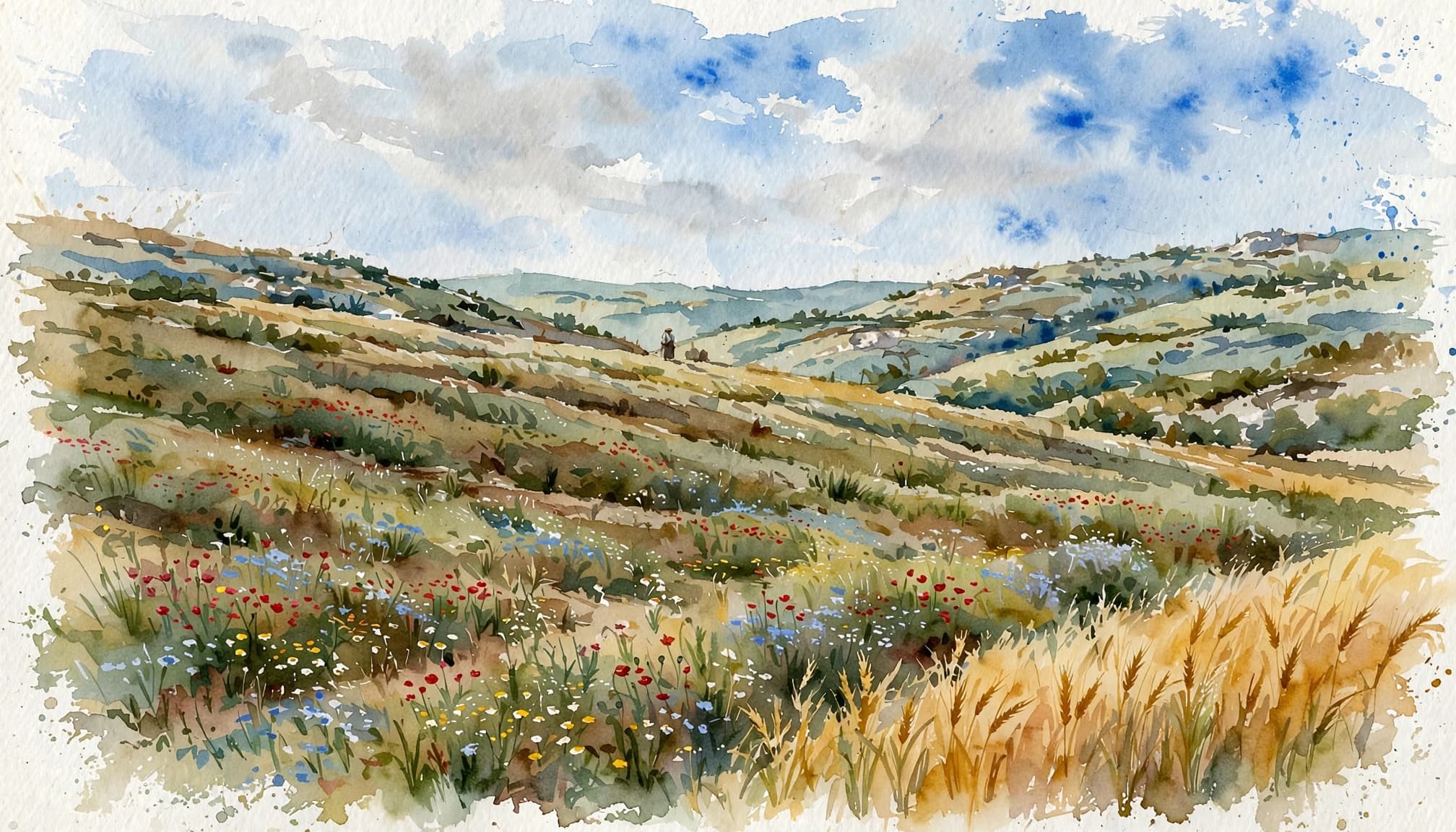 Sabbath rest illustrated by a watercolor landscape of resting farmland.