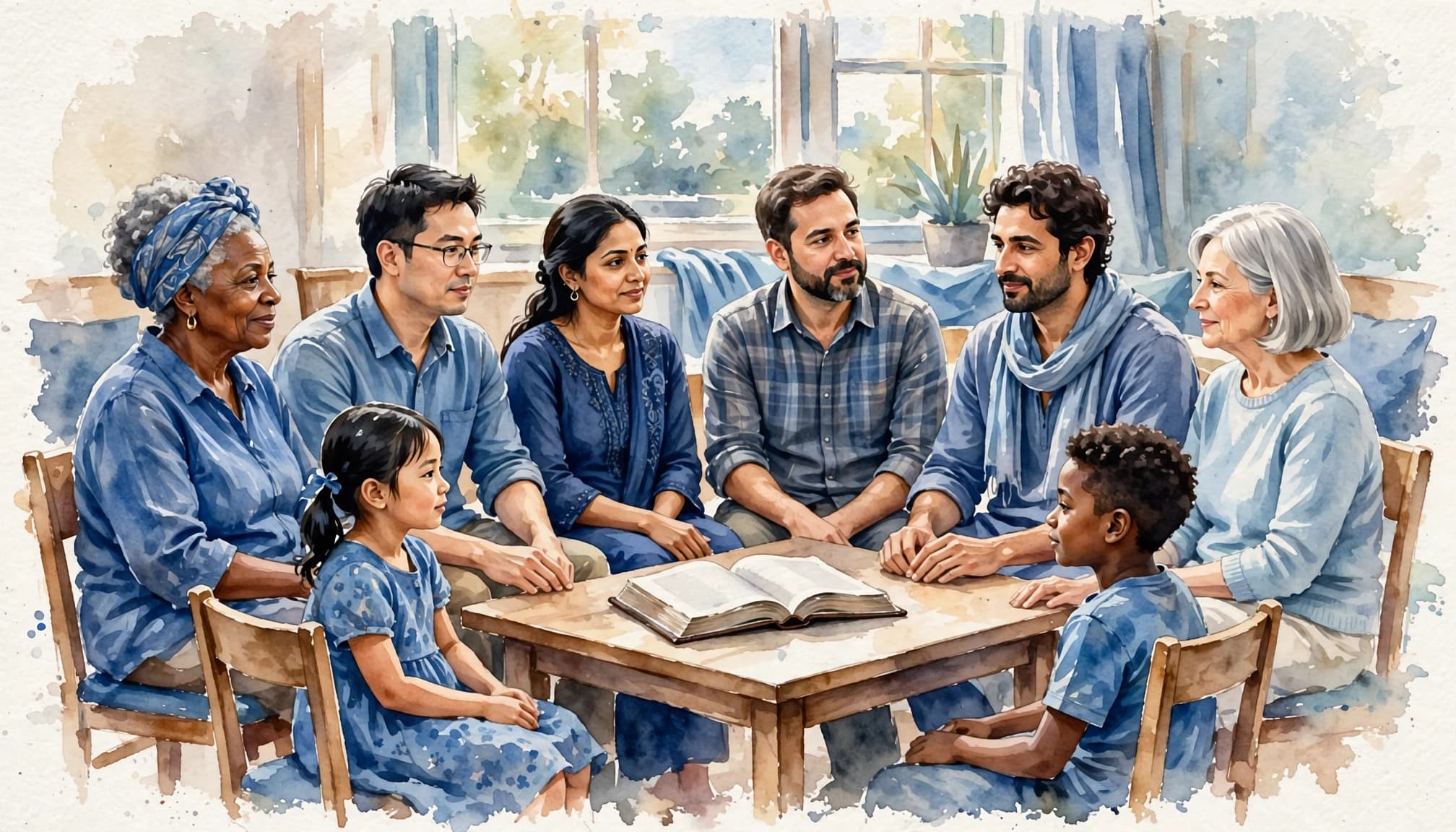 Watercolor illustration of biblical unity among a multicultural church community