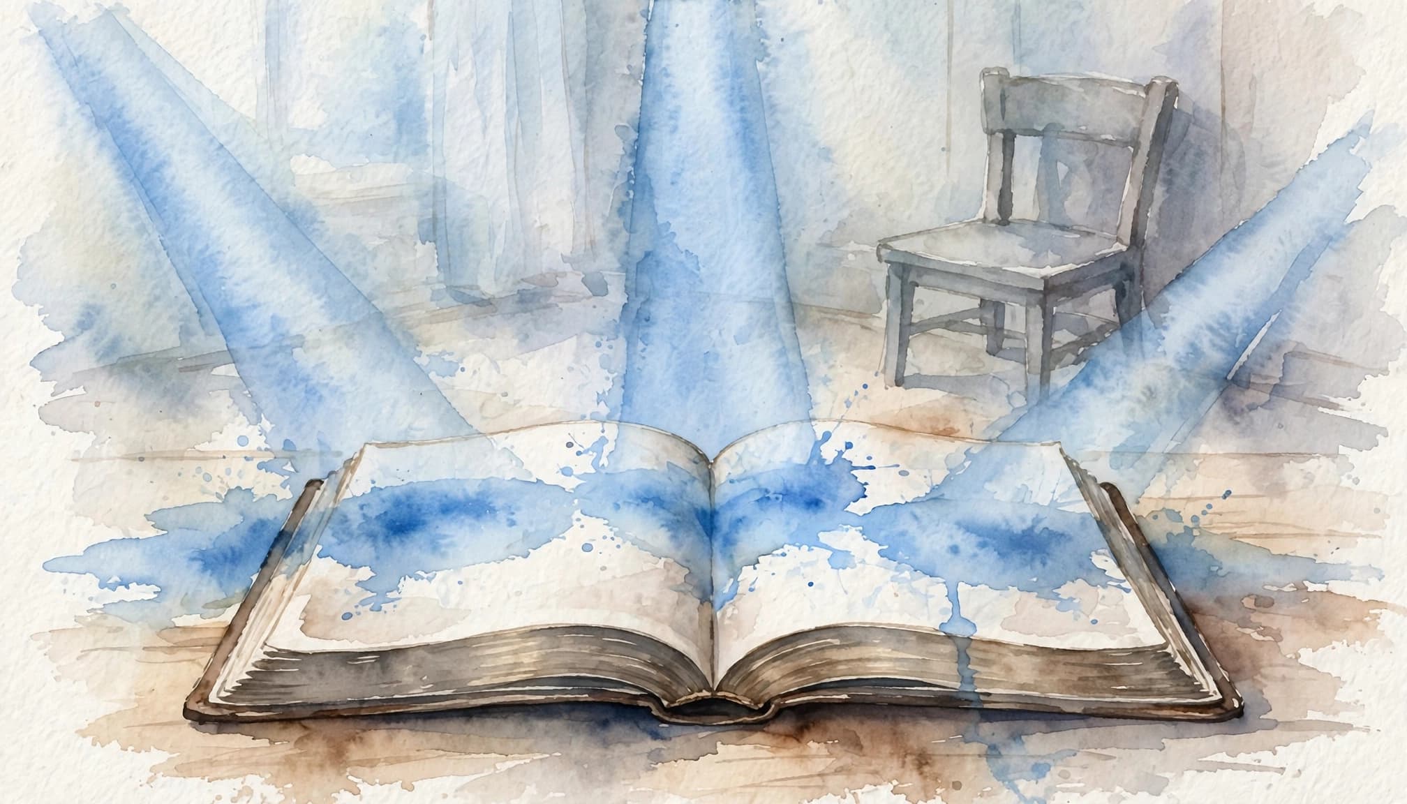 Trinity in the Bible study illustrated by an open Bible with blue watercolor light