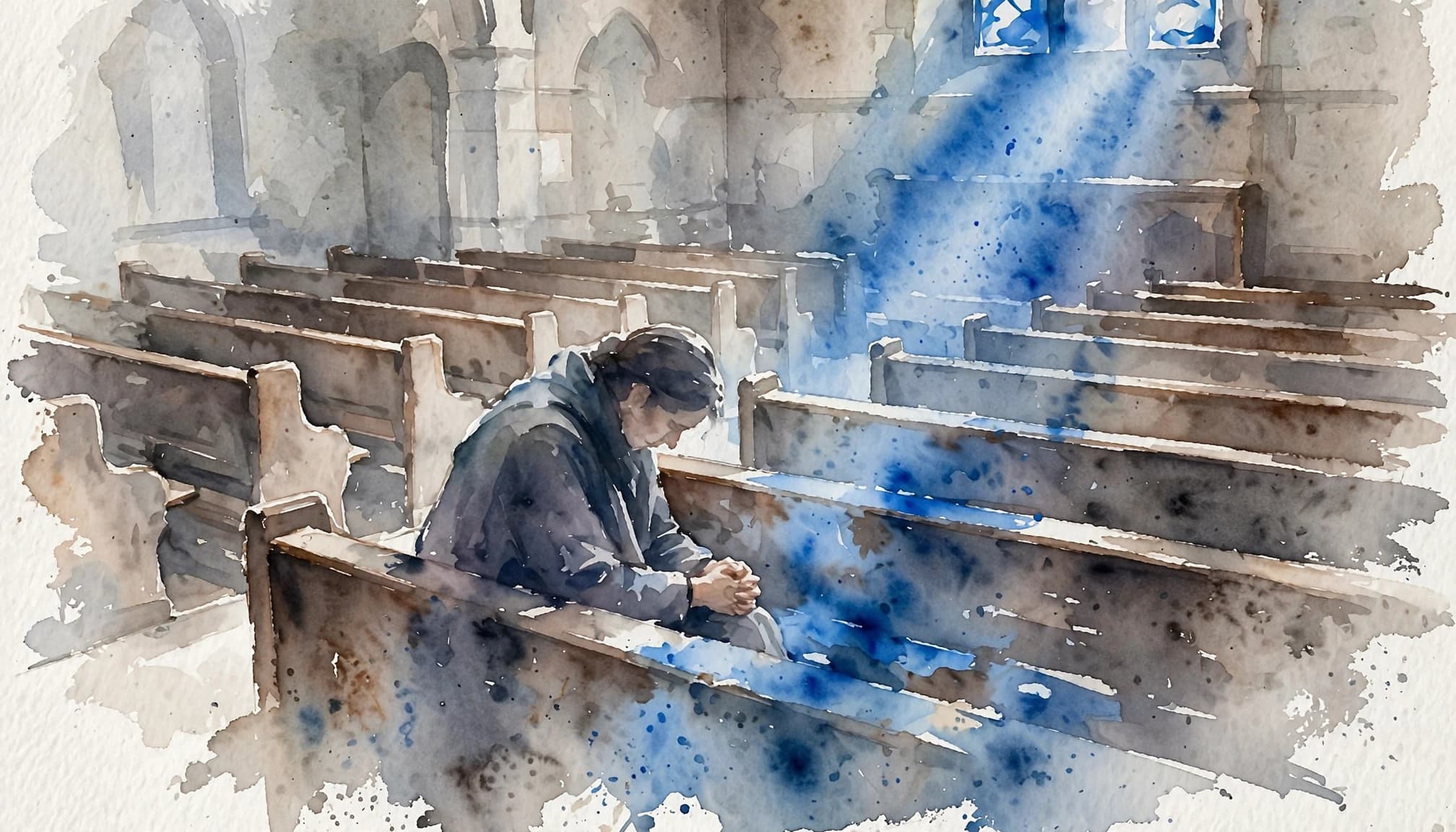 Watercolor illustration of biblical lament, with one person praying alone in a chapel pew.