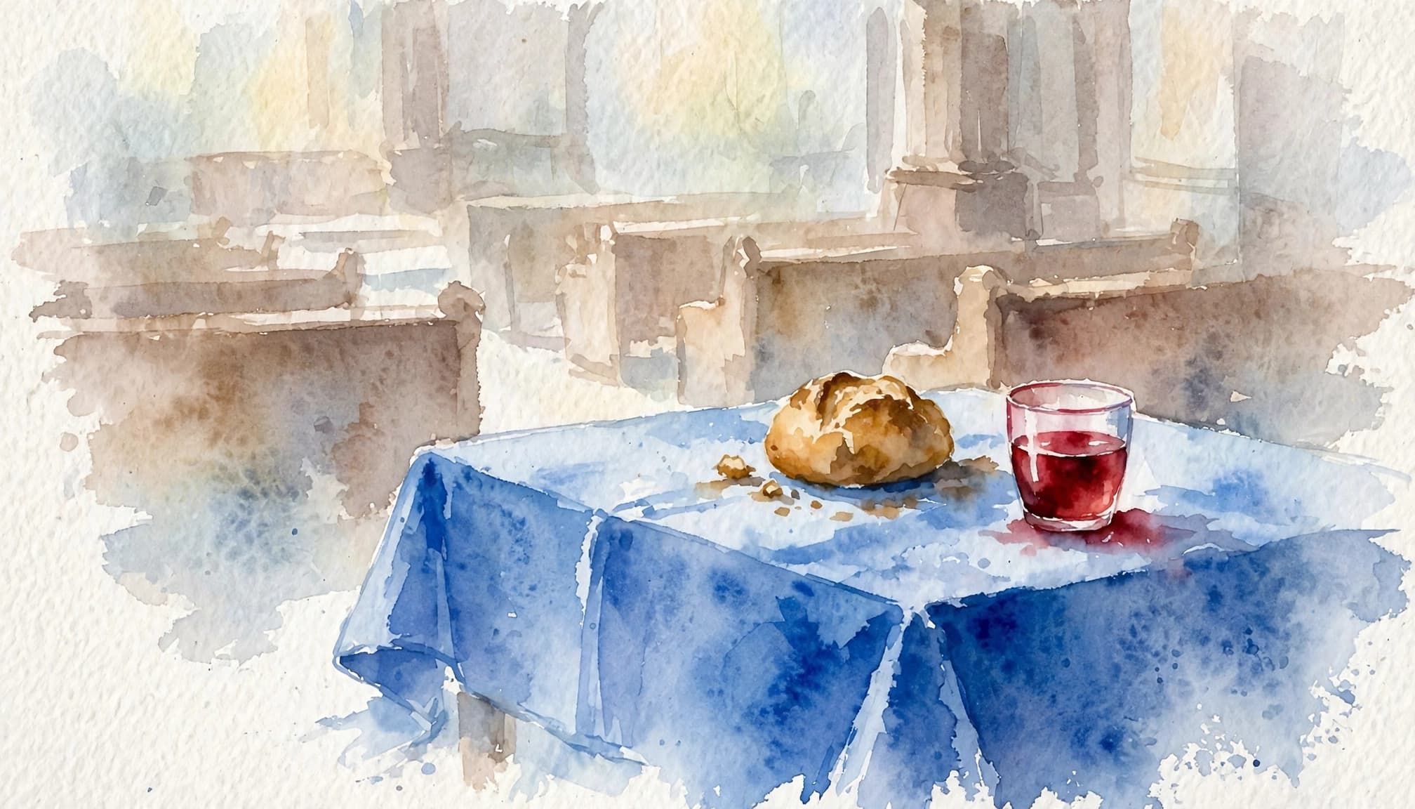 Bread and wine prepared for the Lord's Supper on a blue communion cloth.